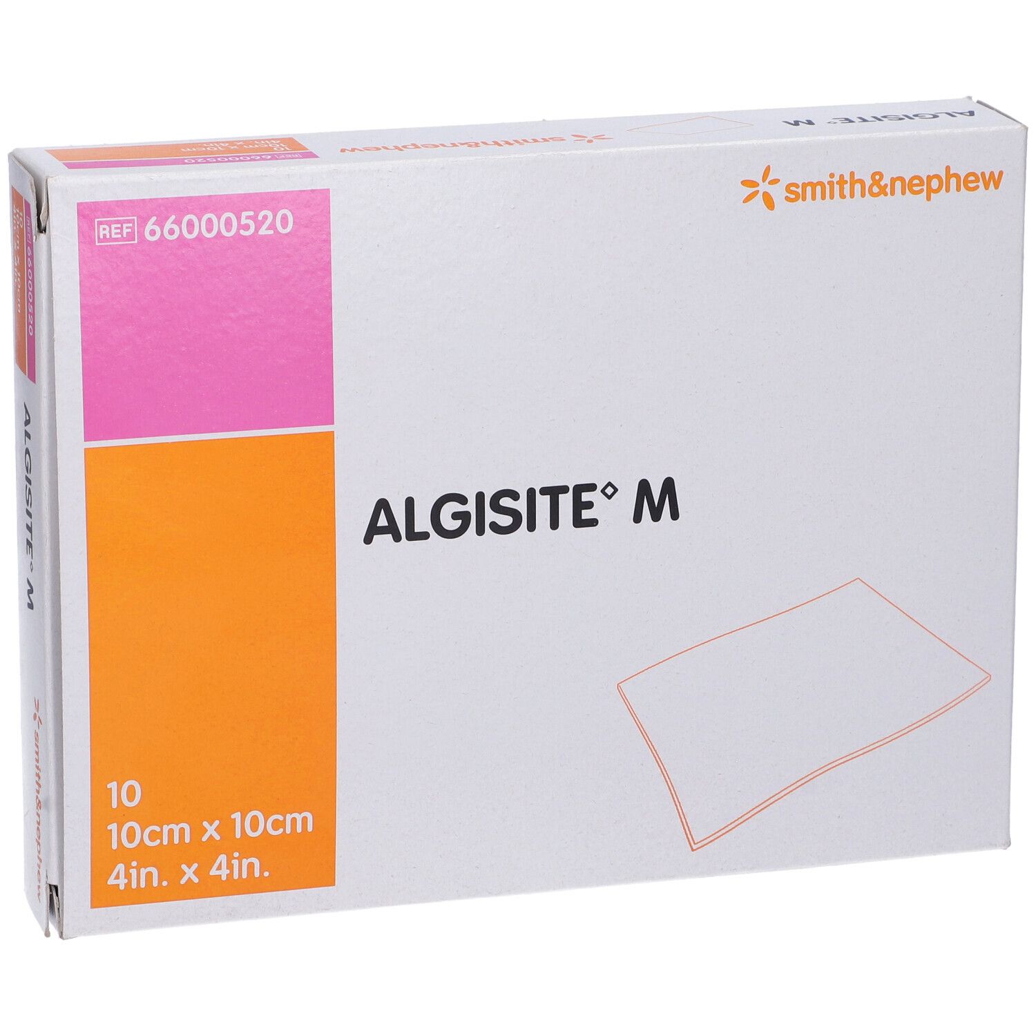 Vista frontale della confezione Algisite M. Contiene 10 medicazioni 10x10cm. Marchio Smith & Nephew.