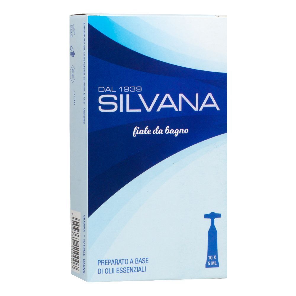 Scatola "SILVANA fiale da bagno". Confezione blu e bianca. Contiene 10 fiale da 5 ml.