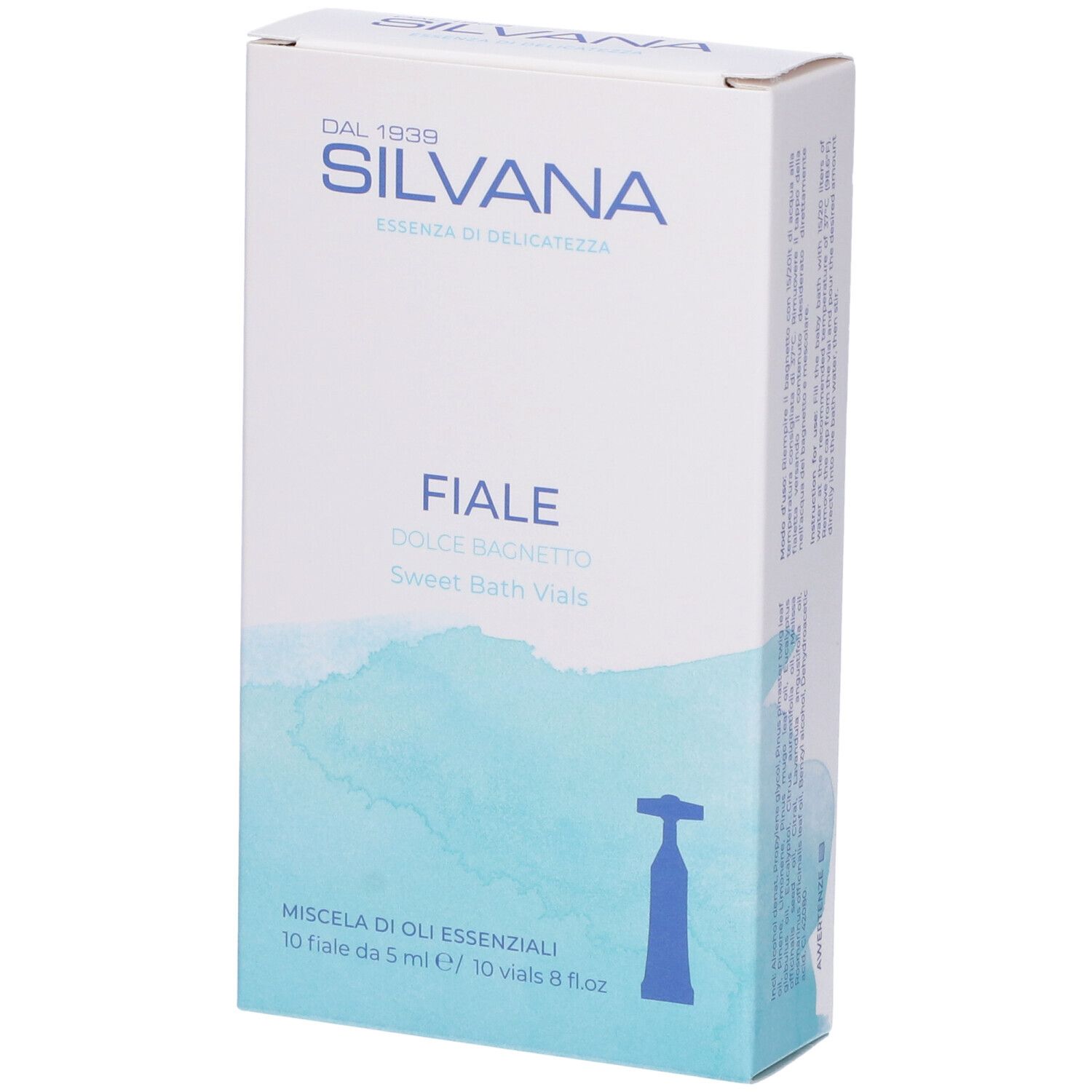 Scatola bianca "SILVANA fiale". Testo: "Essenza di delicatezza". Contiene 10 fiale. Design blu.