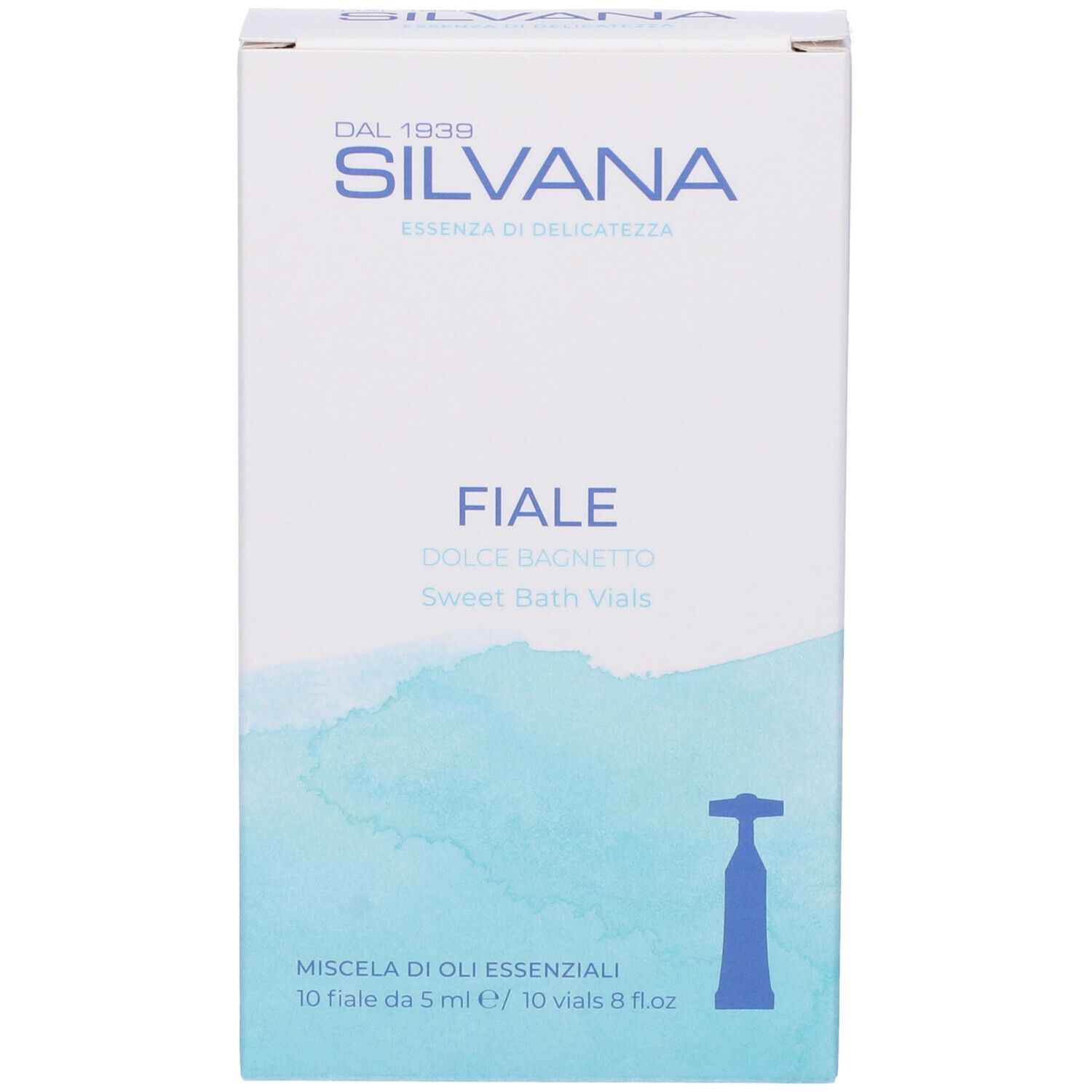 Scatola bianca "SILVANA fiale". Testo: "Essenza di delicatezza". Contiene 10 fiale. Design blu.