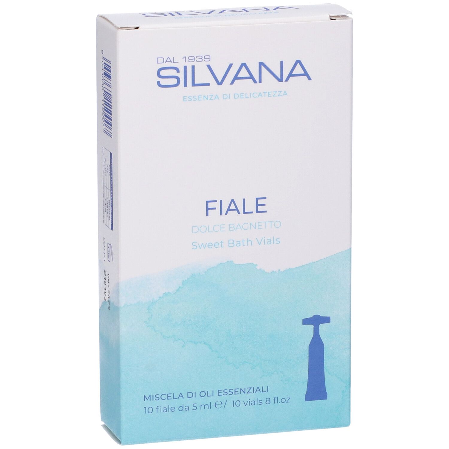 Scatola bianca "SILVANA fiale". Testo: "Essenza di delicatezza". Contiene 10 fiale. Design blu.