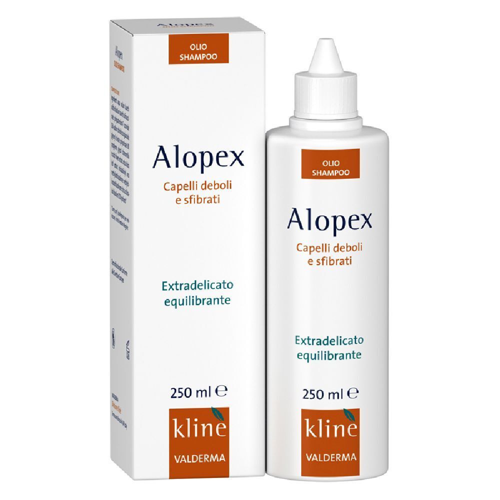 Flacone e scatola di shampoo bianchi. Scritta: Alopex, Capelli deboli e sfibrati, 250 ml, Kline Valderma.