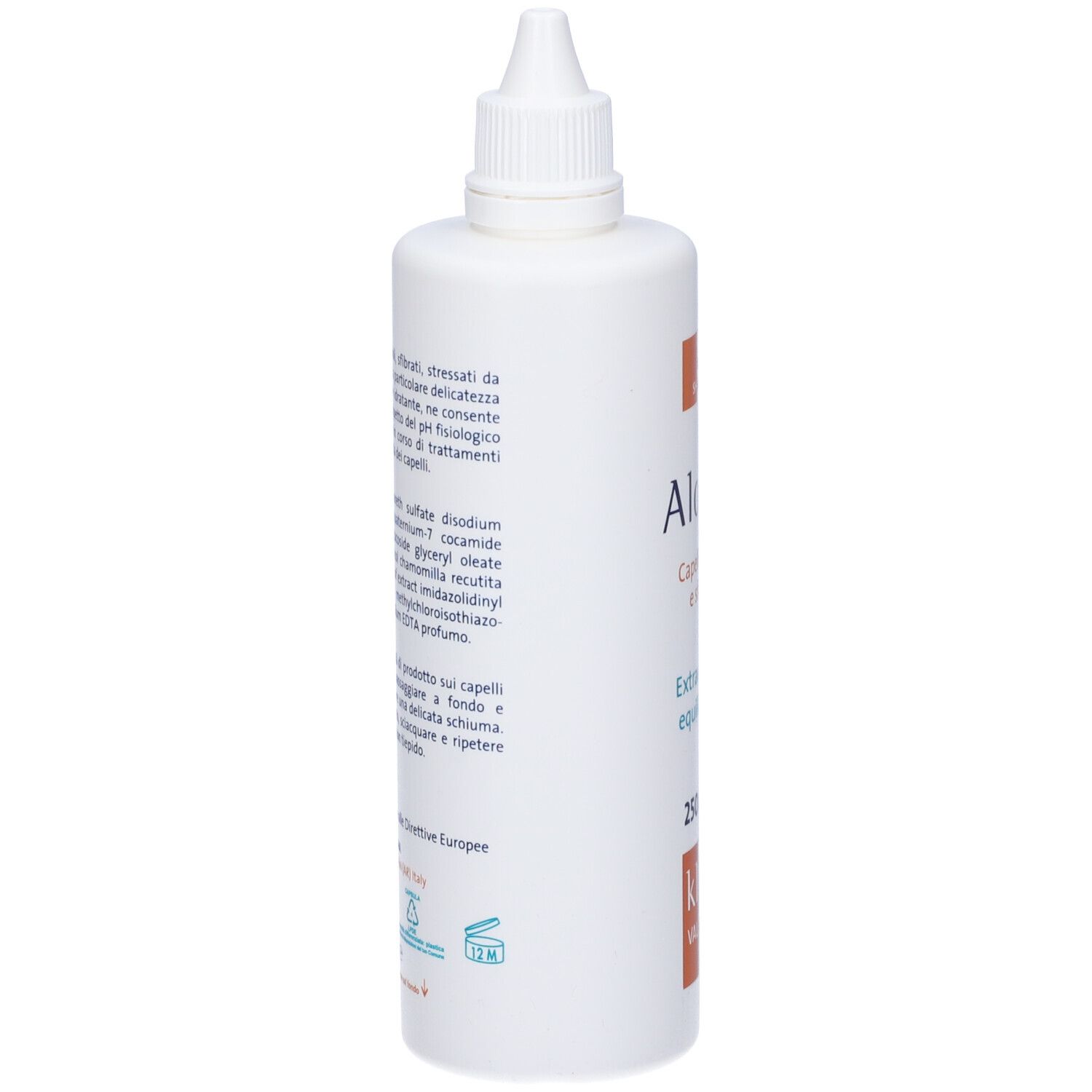Flacone di shampoo bianco, retro. Testo: ingredienti, istruzioni per l'uso, informazioni sul produttore, certificazioni.