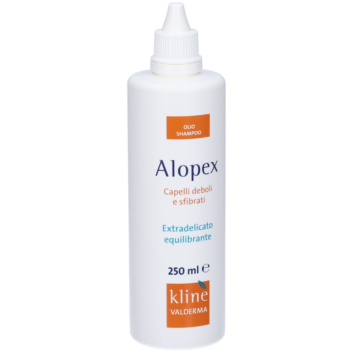 Flacone di shampoo bianco. Scritta: Alopex, Capelli deboli e sfibrati, 250 ml, Kline Valderma.