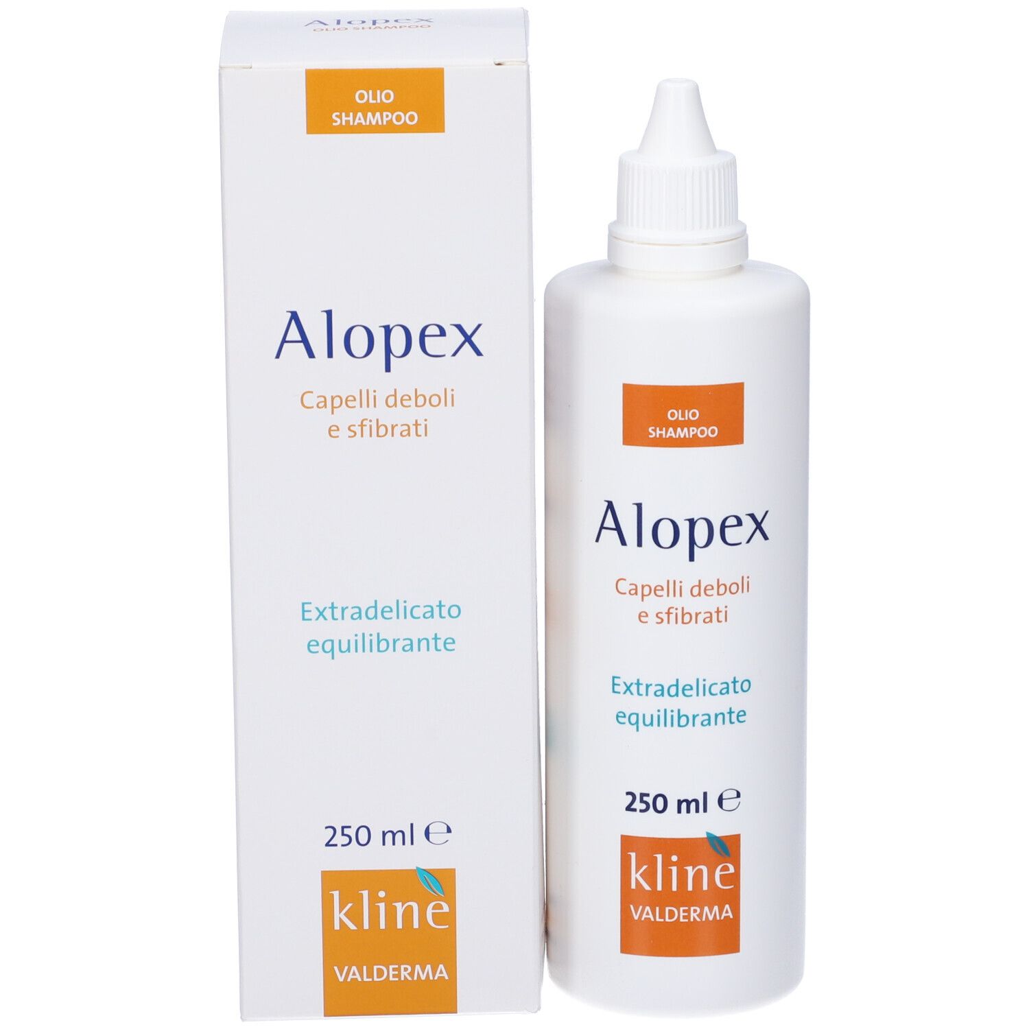 Flacone di shampoo bianco. Scritta: Alopex, Capelli deboli e sfibrati, 250 ml, Kline Valderma.