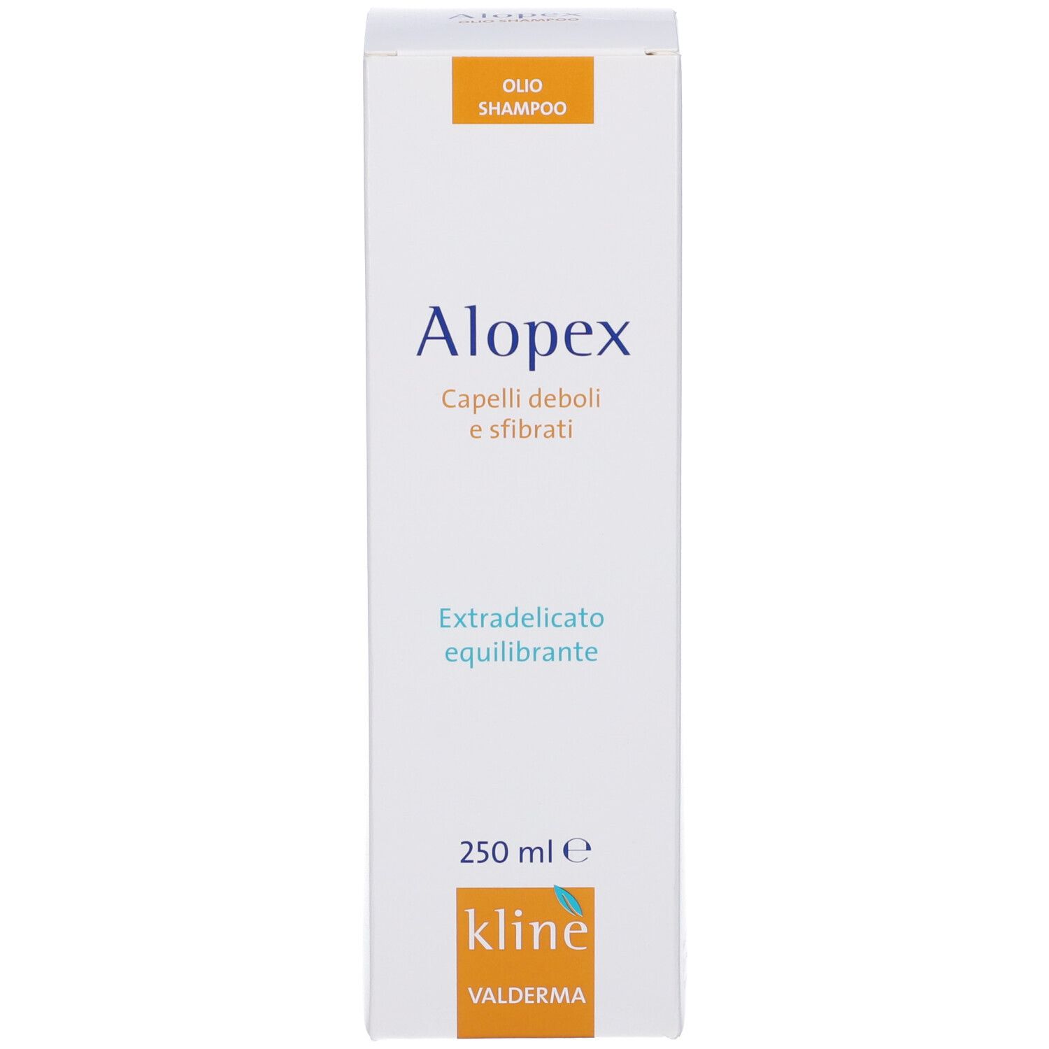 Scatola e flacone di shampoo bianchi. Scritta: Alopex, Capelli deboli e sfibrati, 250 ml, Kline Valderma.