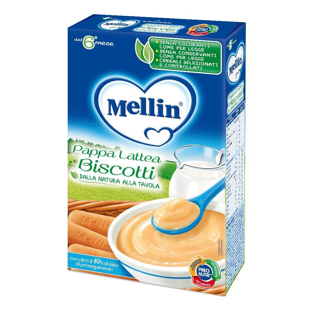 Scatola blu e bianca Mellin Pappa Lattea Biscotti. Immagine di pappa, biscotti e latte. Con certificazioni.