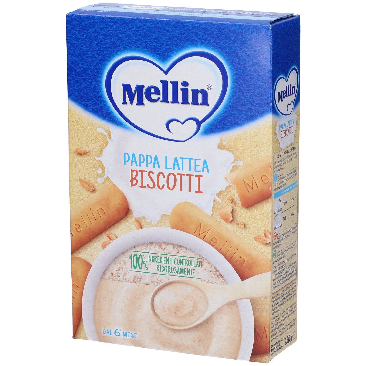 Scatola blu e bianca Mellin Pappa Lattea Biscotti. Immagine di pappa e biscotti. Testo: 100% ingredienti controllati.