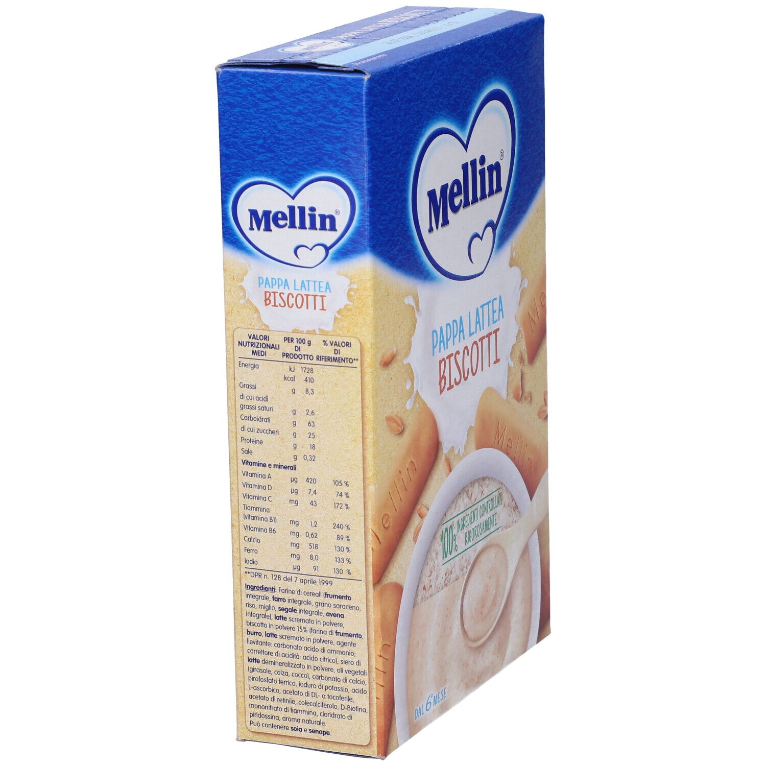 Scatola blu Mellin Pappa Lattea Biscotti. Vista laterale con informazioni nutrizionali e immagine di pappa e biscotti.