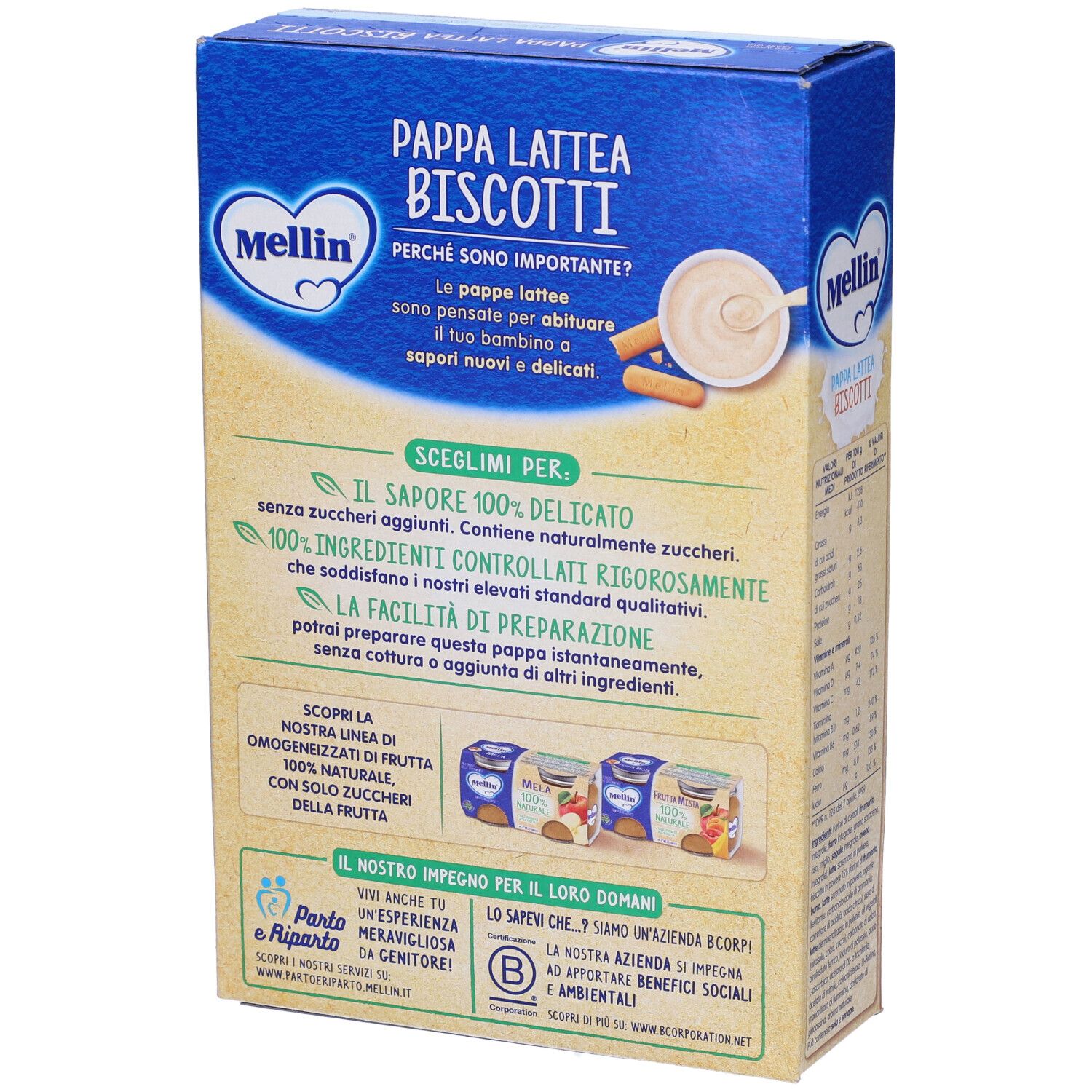 Scatola blu Mellin Pappa Lattea Biscotti. Retro con informazioni sugli ingredienti e la preparazione. Con certificazioni.