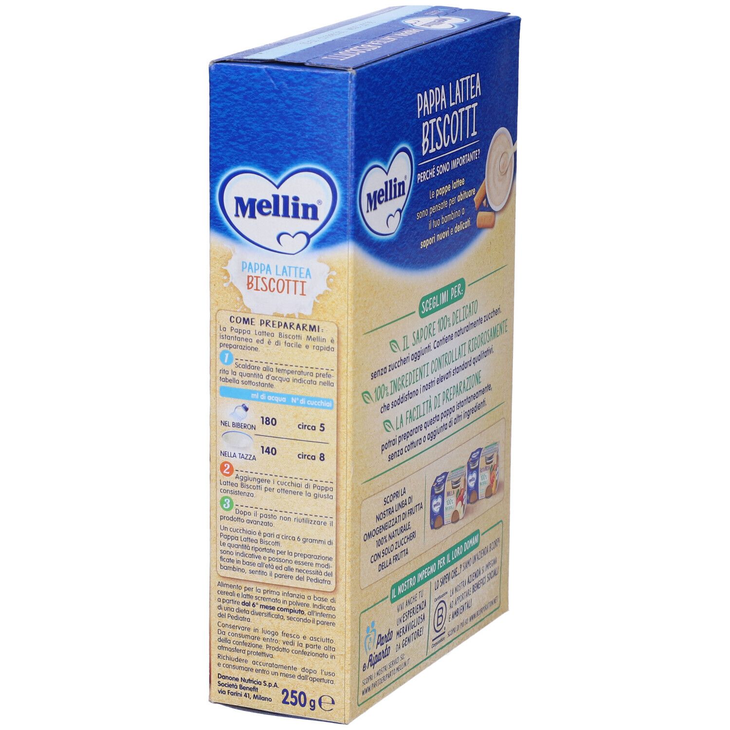 Scatola blu Mellin Pappa Lattea Biscotti. Vista laterale con istruzioni per la preparazione e informazioni nutrizionali. 250g.