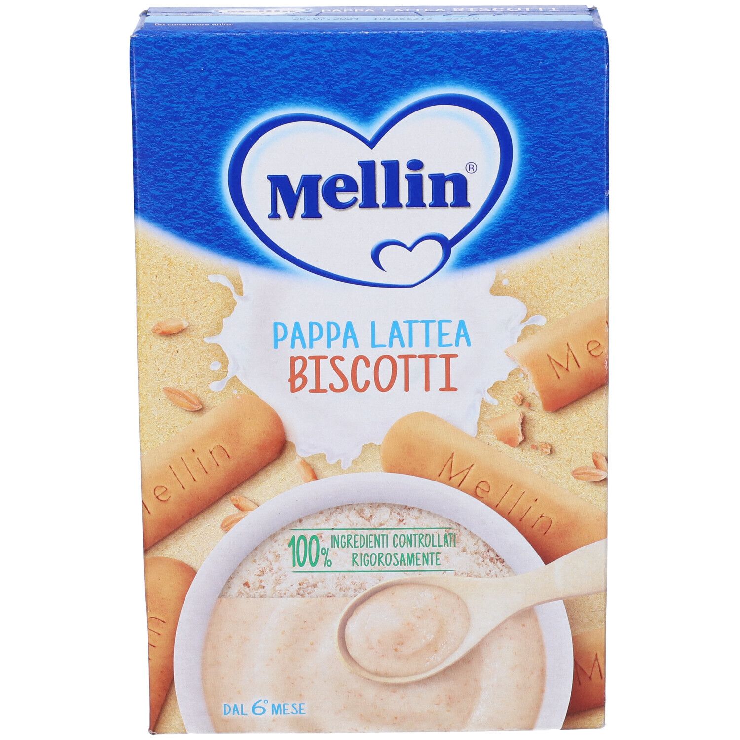 Scatola blu e bianca Mellin Pappa Lattea Biscotti. Immagine di pappa e biscotti. Testo: 100% ingredienti controllati.