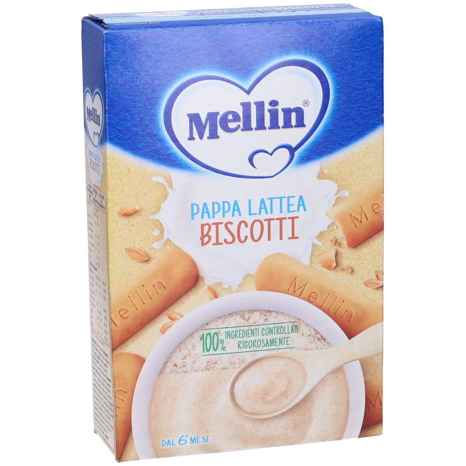 Scatola blu e bianca Mellin Pappa Lattea Biscotti. Immagine di pappa e biscotti. Testo: 100% ingredienti controllati.