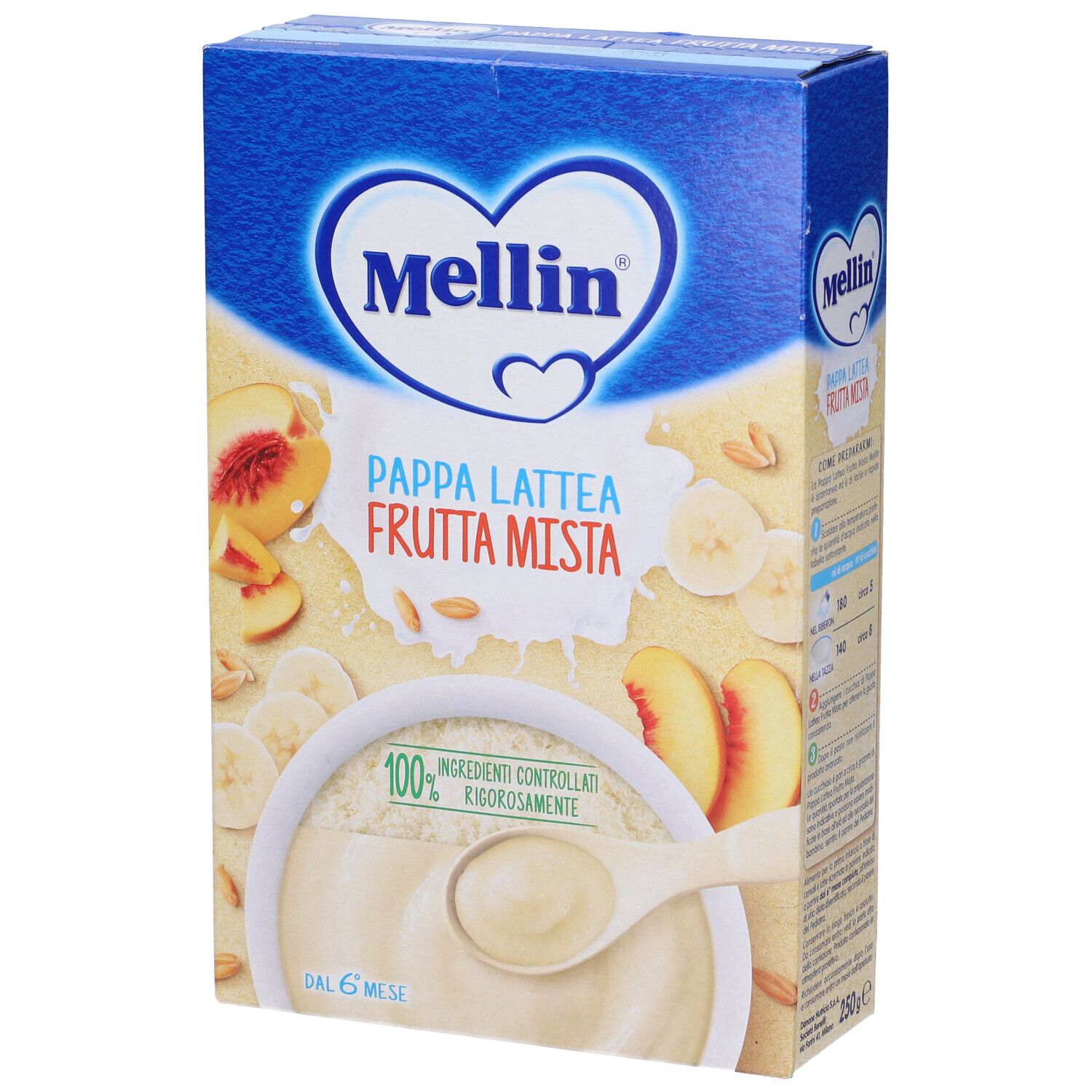 Confezione di Mellin Pappa Latte Frutta Mista. Stampa con nome prodotto, frutta e logo. 250g.