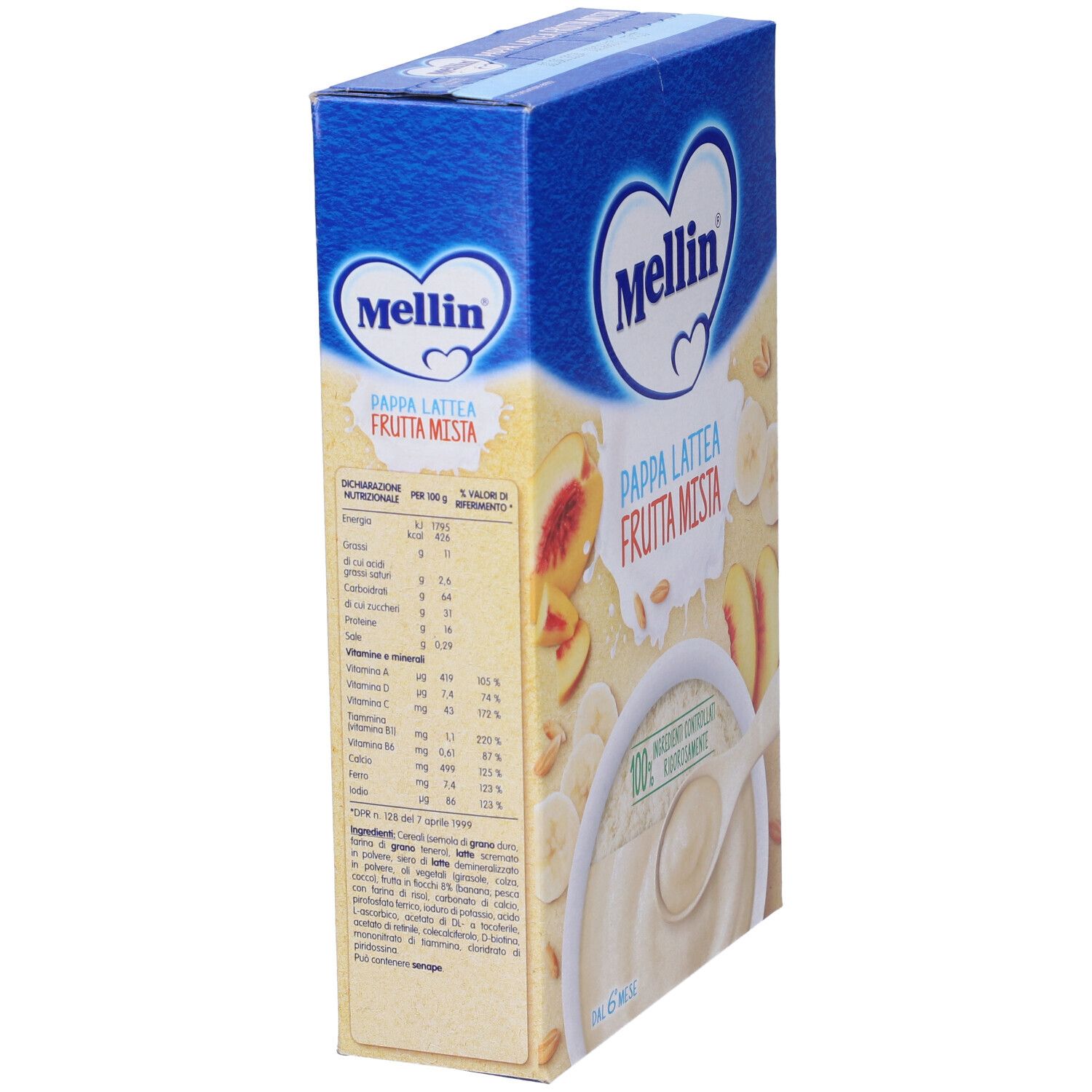 Vista laterale della confezione Mellin Pappa Latte Frutta Mista. Testo con informazioni nutrizionali e logo.