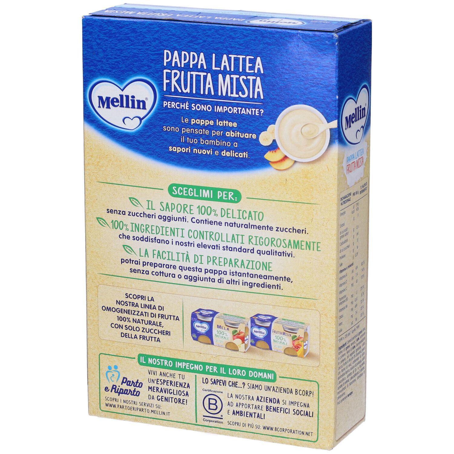 Retro della confezione Mellin Pappa Latte Frutta Mista. Testo sul prodotto e loghi.