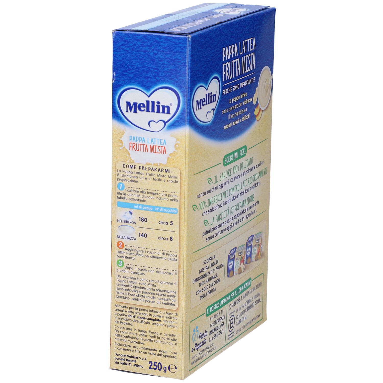 Vista obliqua della confezione Mellin Pappa Latte Frutta Mista. Testo e loghi.