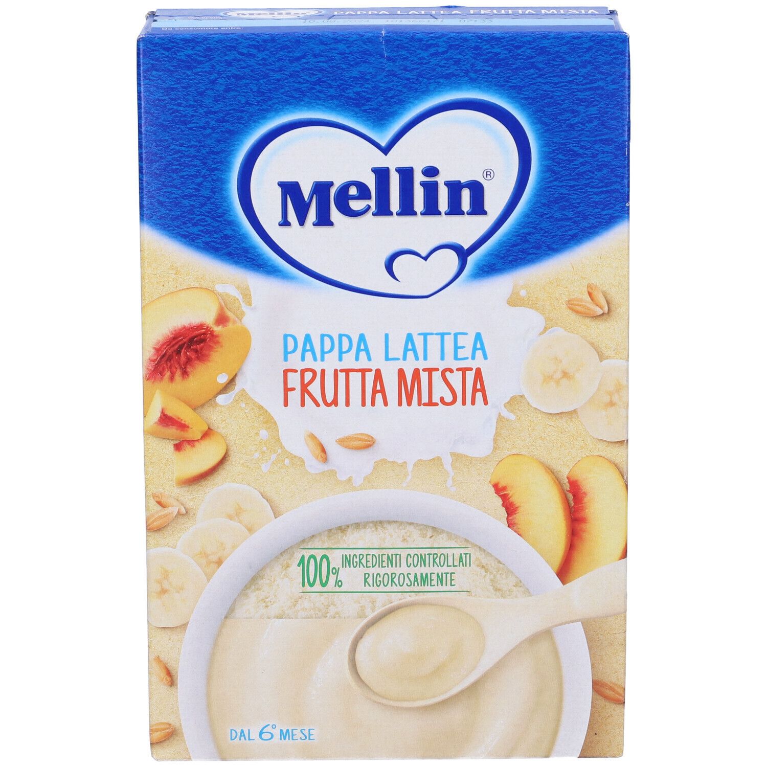 Vista frontale della confezione Mellin Pappa Latte Frutta Mista. Nome prodotto, frutta e logo.