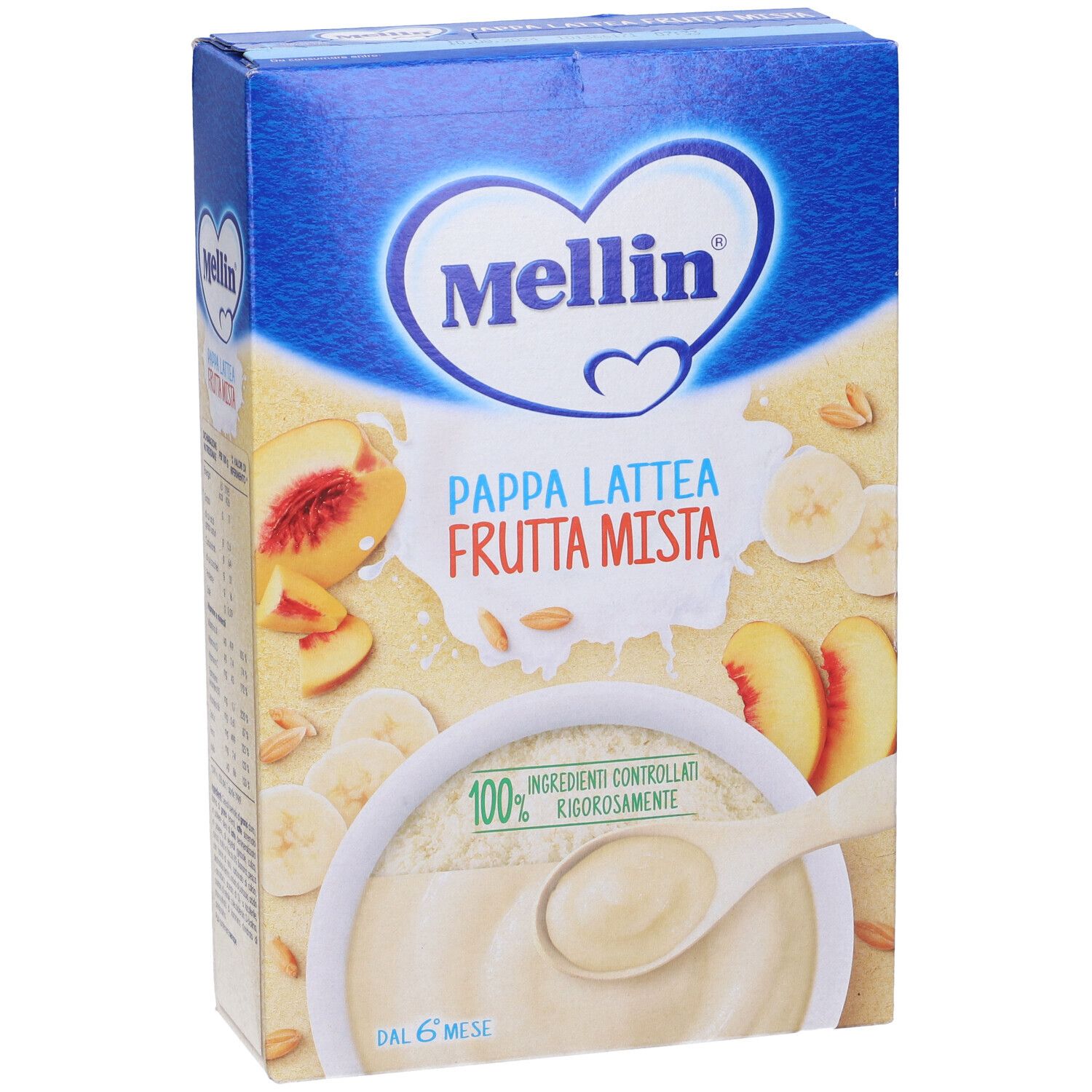 Vista obliqua della confezione Mellin Pappa Latte Frutta Mista. Nome prodotto, frutta e logo.