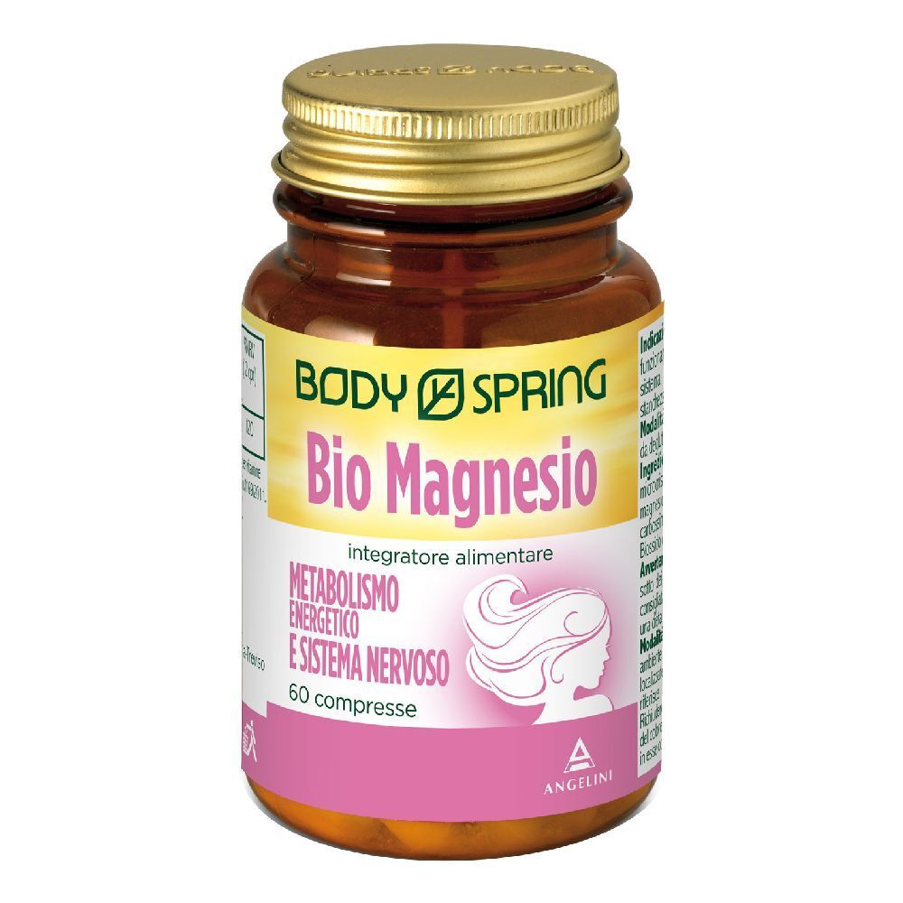 Flacone di vetro marrone con tappo dorato. Scritta: Body Spring Bio Magnesio. 60 compresse. Etichetta rosa con silhouette femminile.