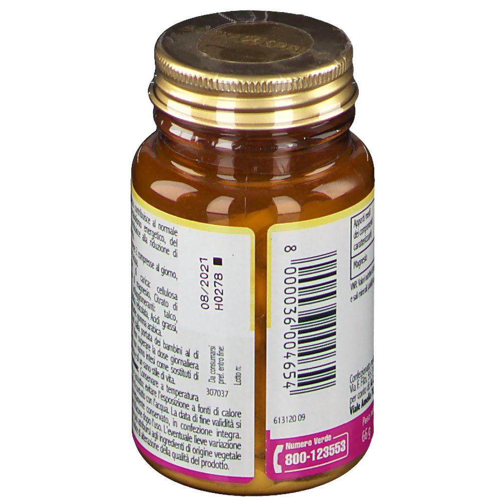 Retro del flacone. Codice a barre e data di scadenza. Etichetta rosa. Testo in italiano.