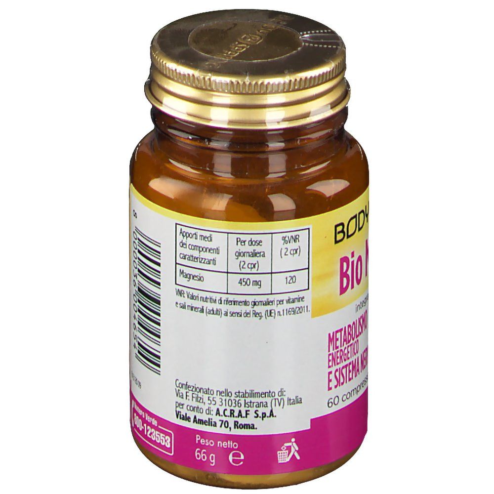 Retro del flacone. Informazioni nutrizionali. Testo in italiano. Etichetta rosa.