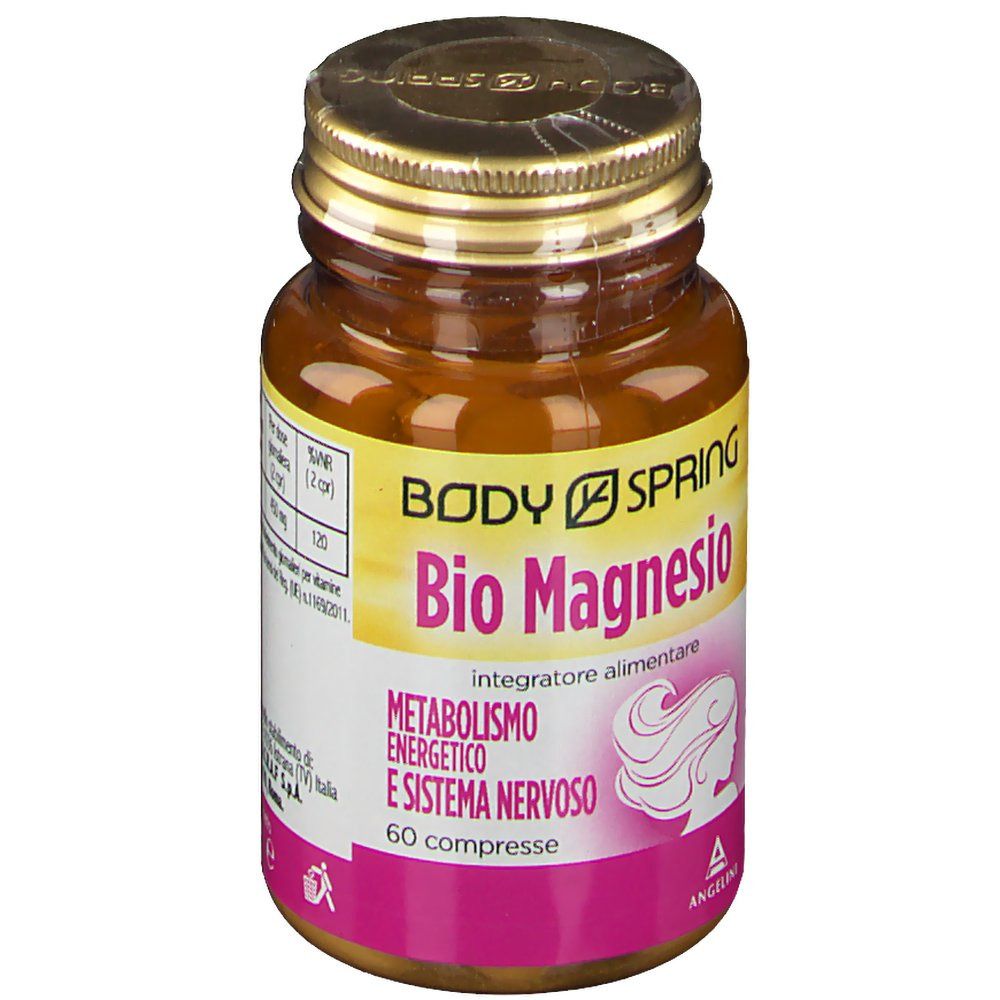 Flacone di vetro marrone con tappo dorato. Scritta: Body Spring Bio Magnesio. 60 compresse. Etichetta rosa.