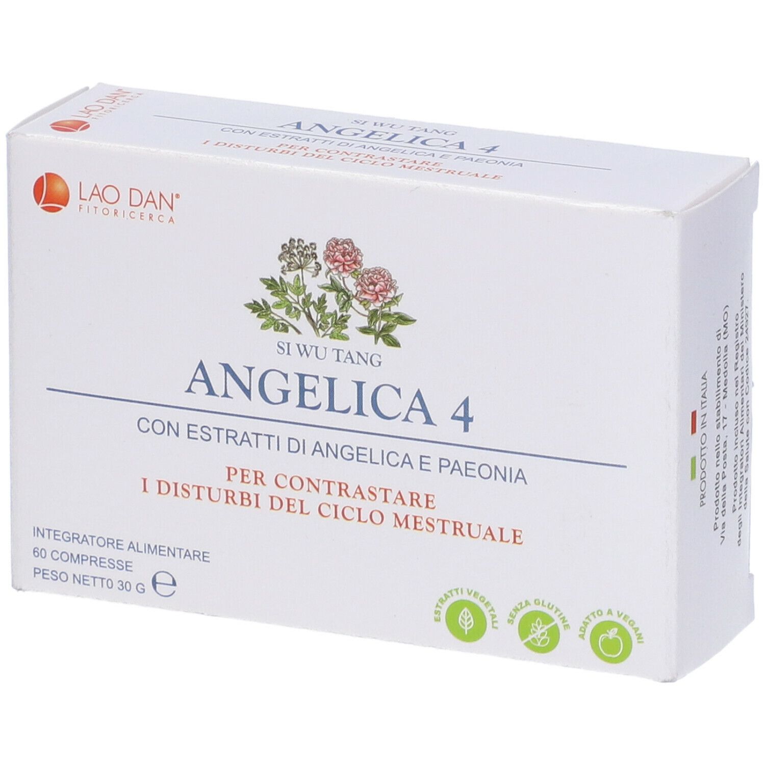 Scatola bianca con scritta Angelica 4. Contiene 60 compresse. Con logo e design floreale.