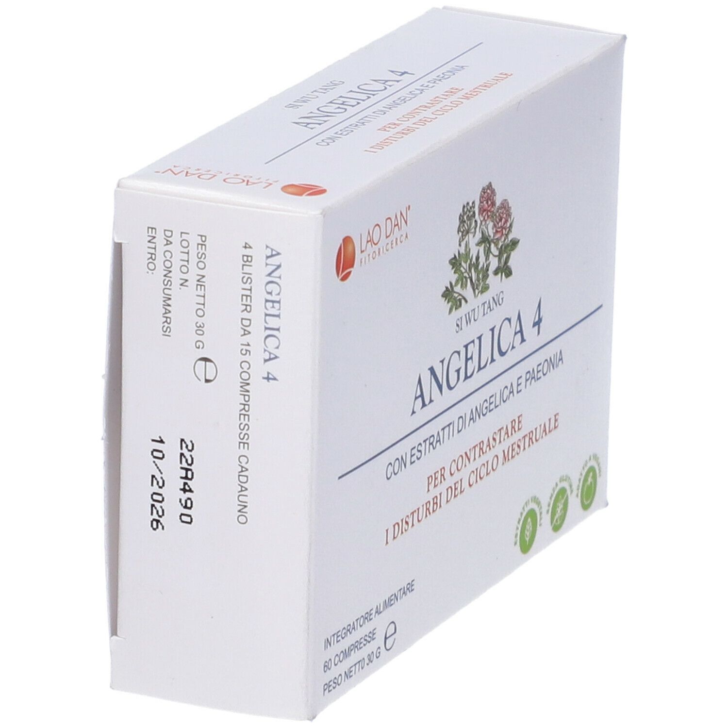 Scatola bianca con scritta Angelica 4. Retro con testo, logo e data di scadenza 10/2026.