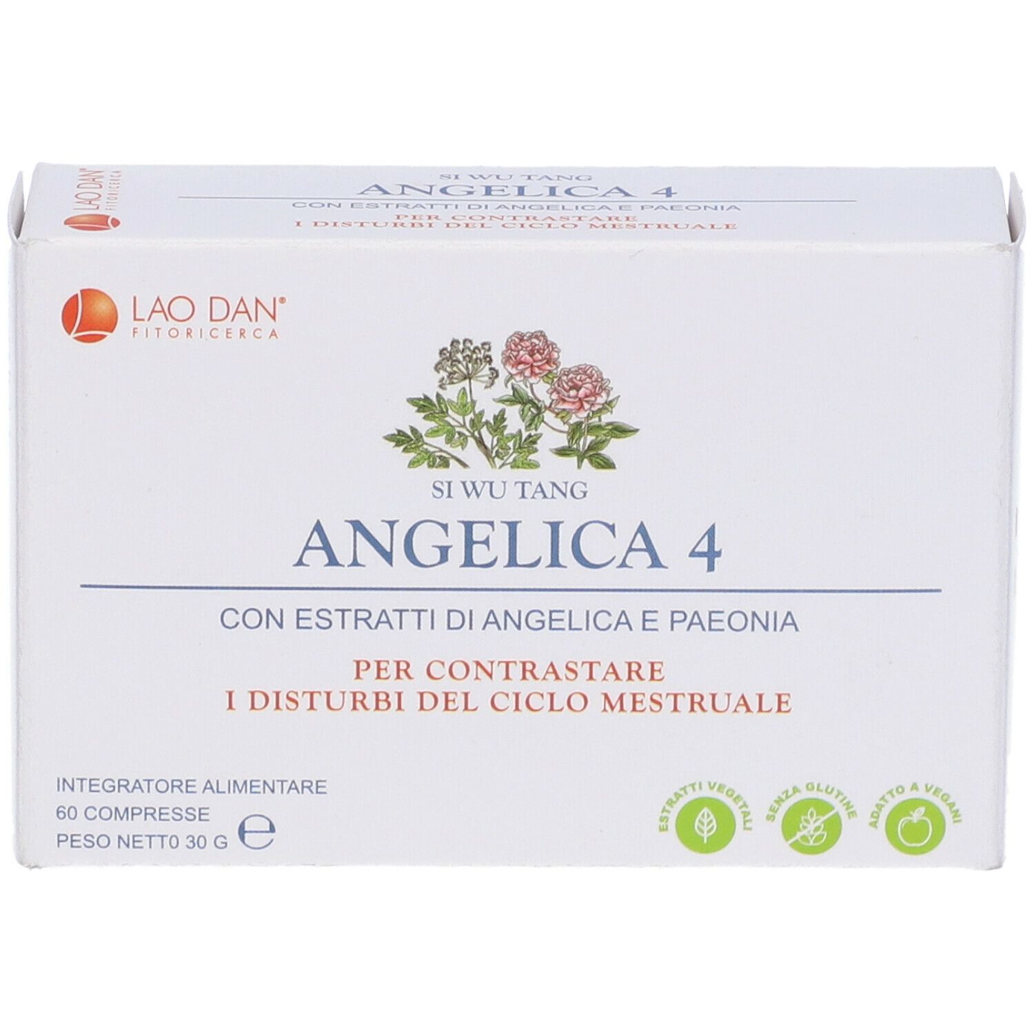 Scatola bianca con scritta Angelica 4. Fronte con logo, design floreale e informazioni sul prodotto.