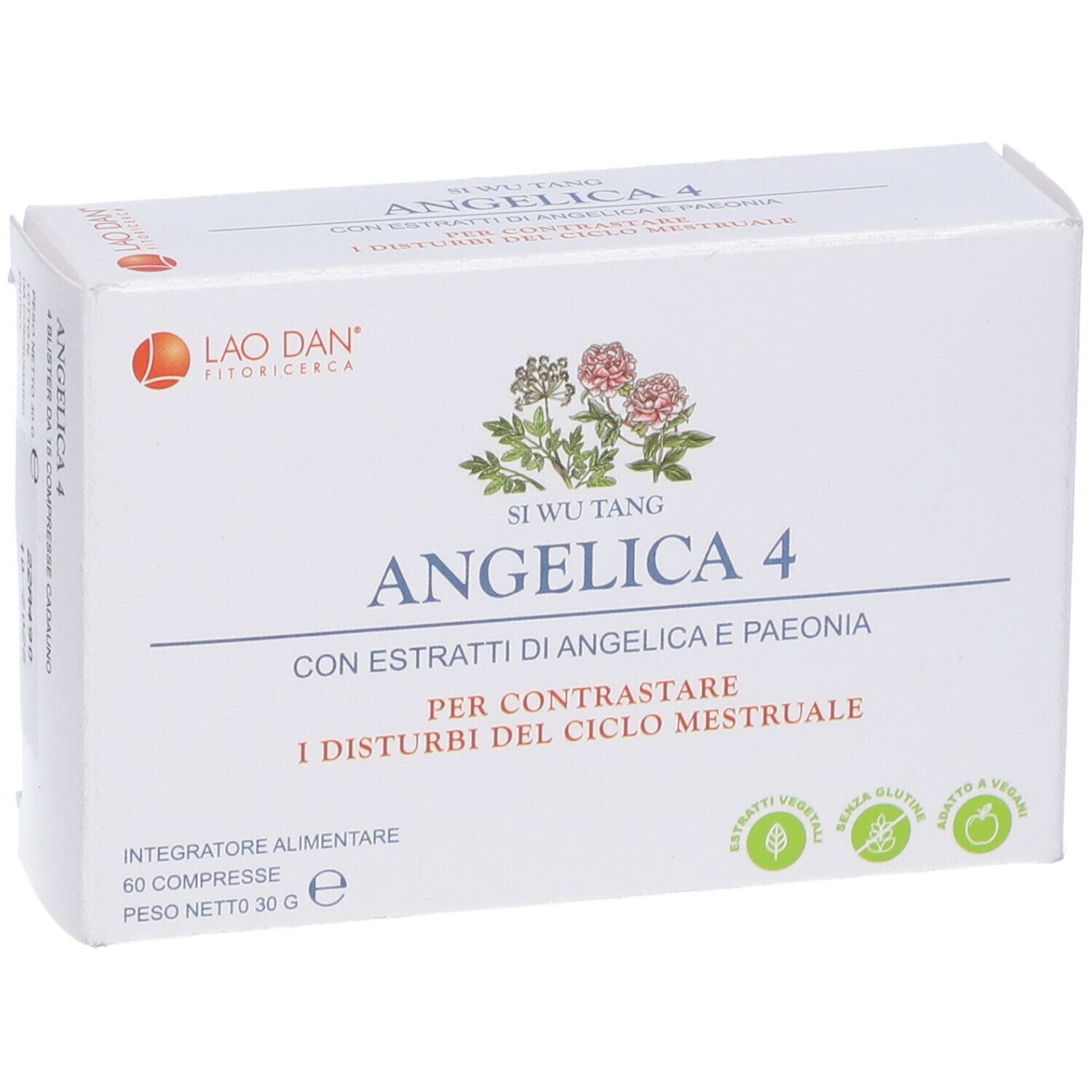 Scatola bianca con scritta Angelica 4. Fronte con logo, design floreale e informazioni sul prodotto.