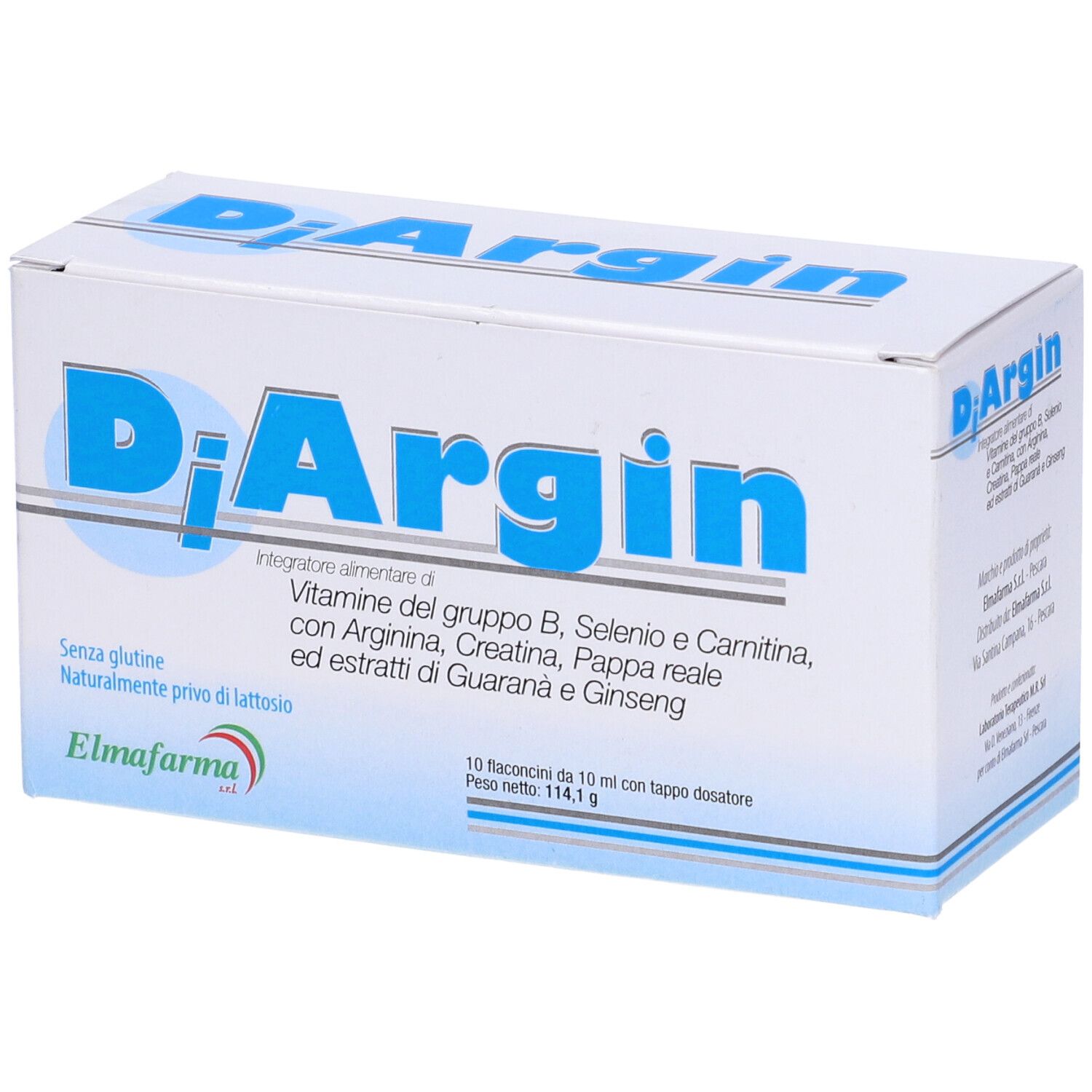 Scatola bianca con scritta blu "DiArgin". Contiene informazioni sugli ingredienti e il logo Elmafarma.