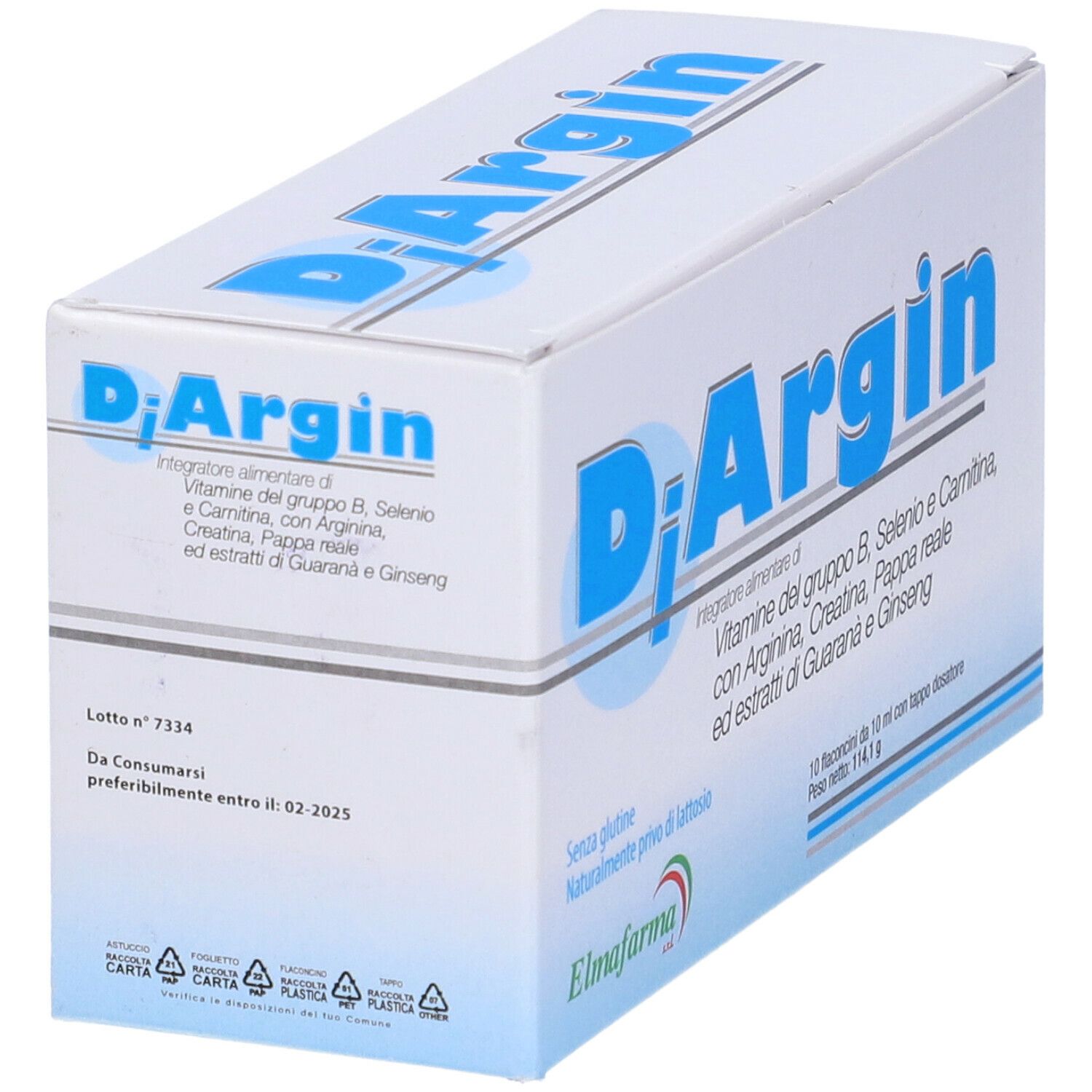 Scatola con scritta blu "DiArgin". Contiene informazioni sugli ingredienti e il logo Elmafarma. Vista angolata.