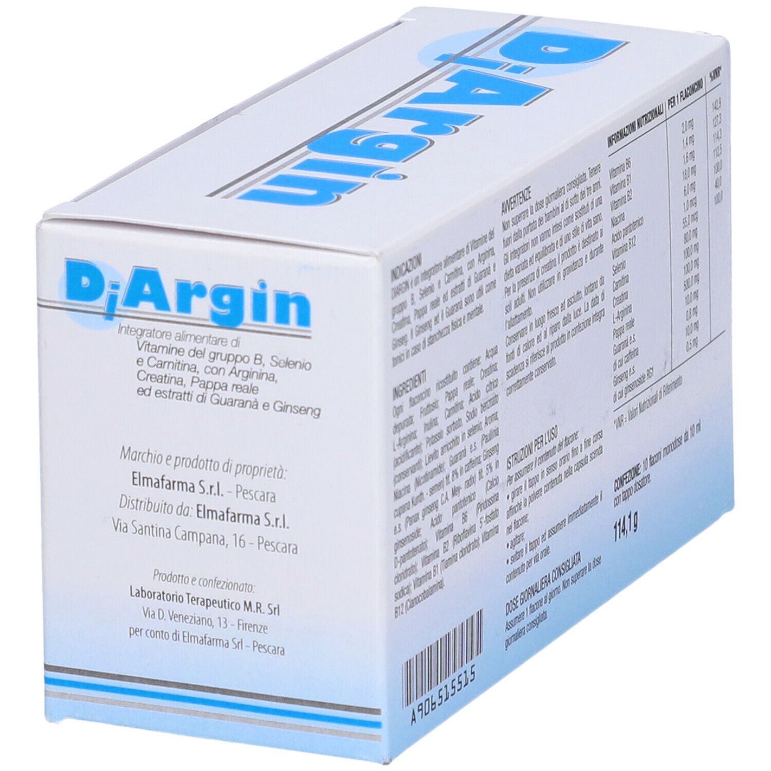Scatola con scritta blu "DiArgin". Contiene informazioni sugli ingredienti e il logo Elmafarma. Vista angolata.