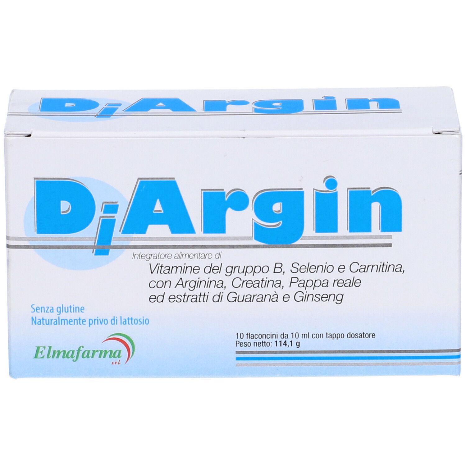 Scatola bianca con scritta blu "DiArgin". Contiene informazioni sugli ingredienti e il logo Elmafarma.