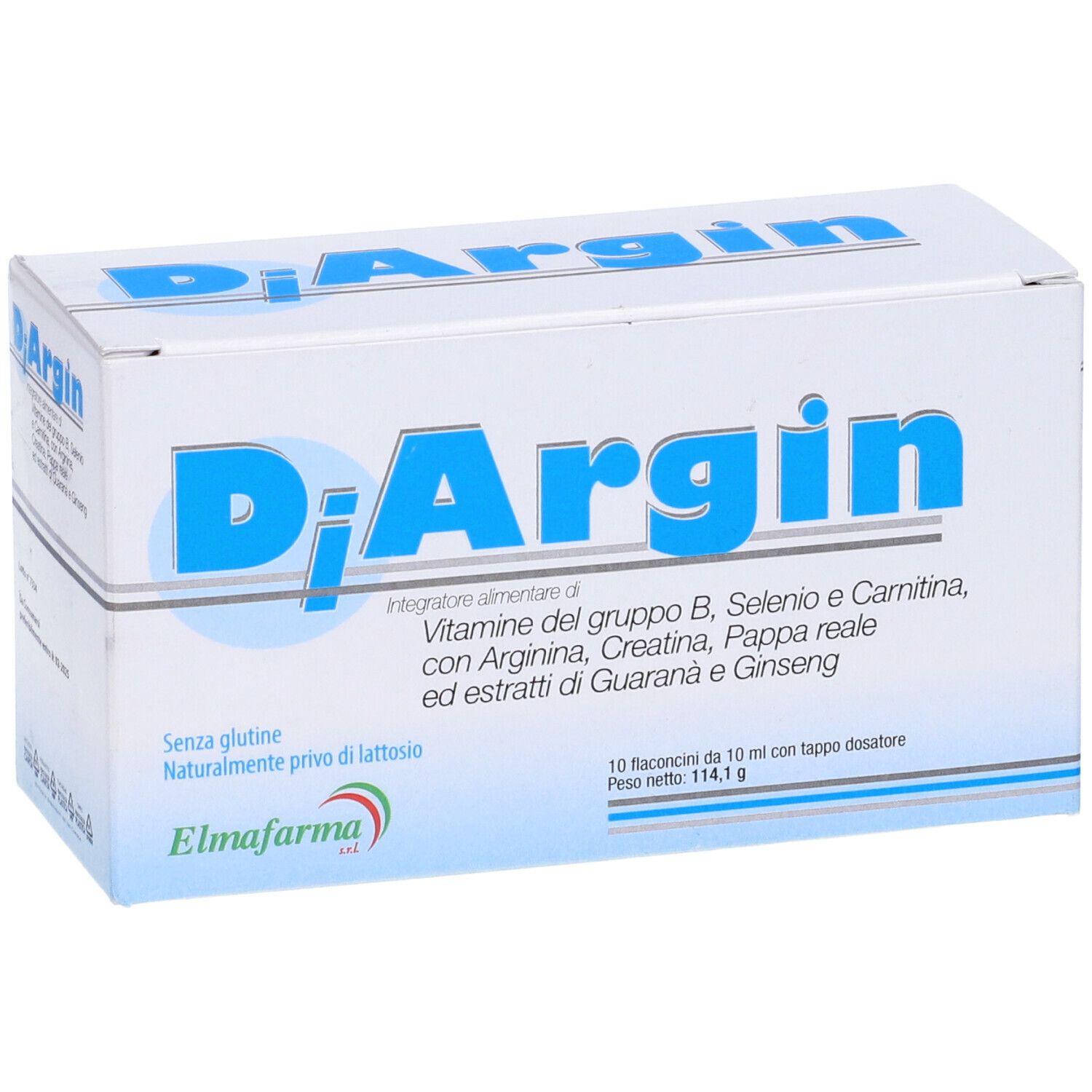 Scatola bianca con scritta blu "DiArgin". Contiene informazioni sugli ingredienti e il logo Elmafarma.