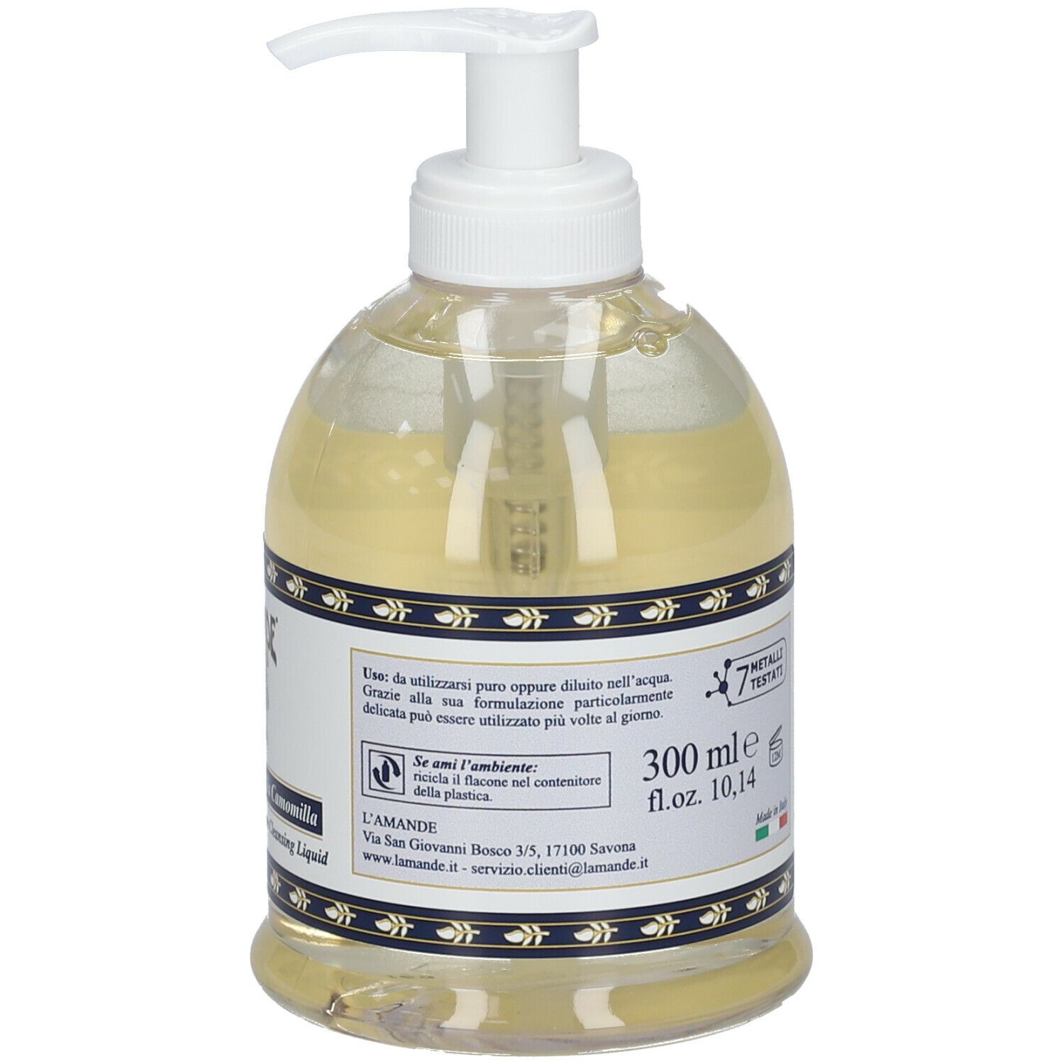 Flacone trasparente con dosatore. Retro con informazioni prodotto. 300 ml. Liquido con estratto di camomilla.