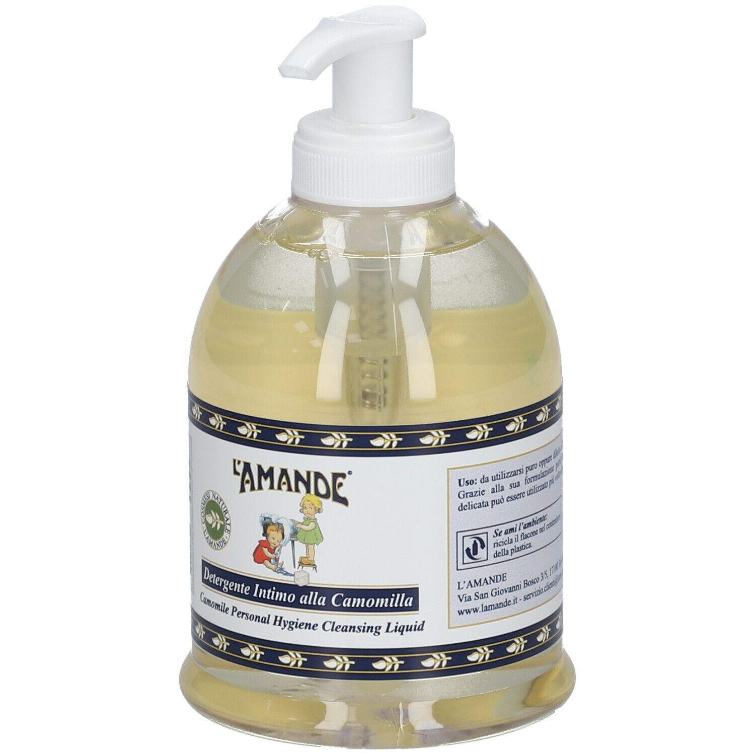 Flacone trasparente con dosatore. Etichetta con nome prodotto e logo. Liquido con estratto di camomilla.