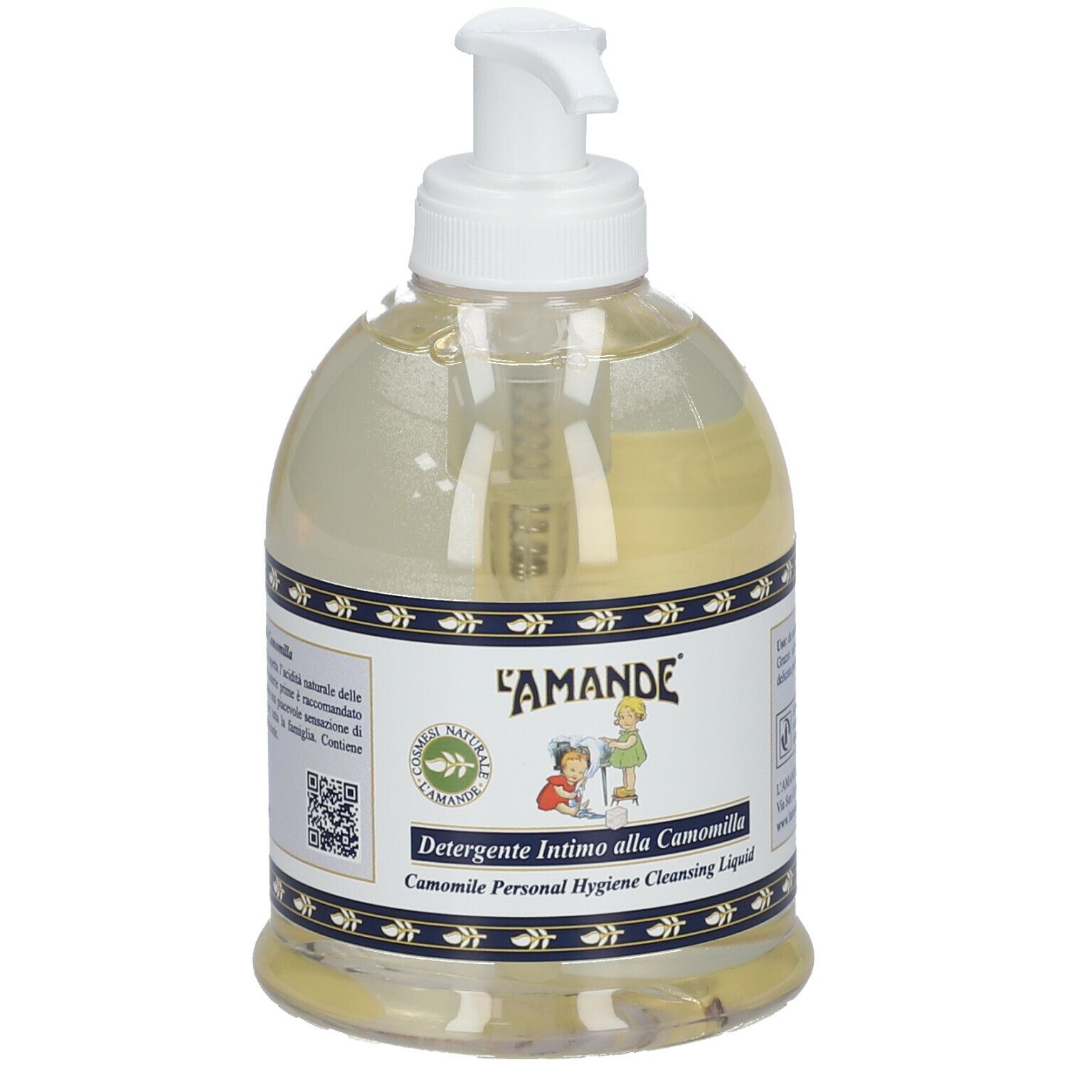 Flacone trasparente con dosatore. Etichetta con nome prodotto e logo. Liquido con estratto di camomilla.