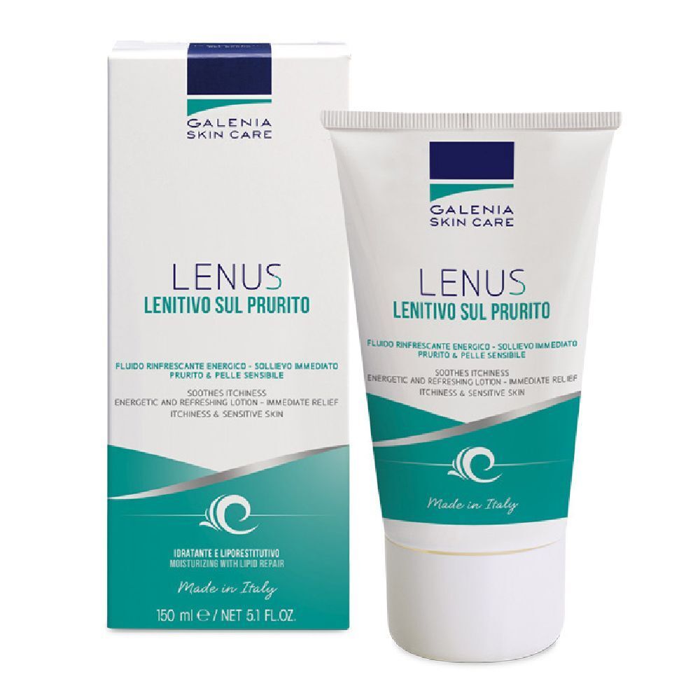 Tubo e scatola bianchi con testo LENUS. Marchio Galenia Skin Care. Testo in tedesco, italiano, francese e olandese.