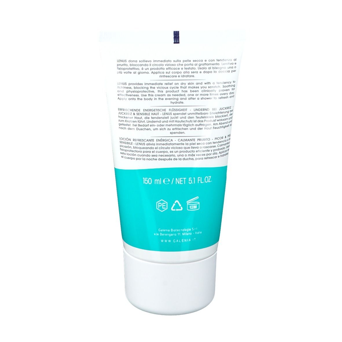 Retro del tubo. Testo multilingue. Scritta LENUS. Marchio Galenia Skin Care. Prodotto in Italia. 150 ml.
