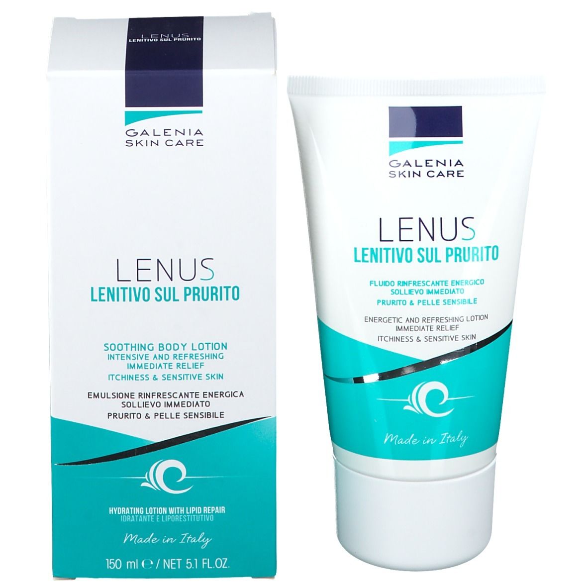 Tubo e scatola bianchi con testo LENUS. Marchio Galenia Skin Care. Testo in tedesco, italiano, francese e olandese.