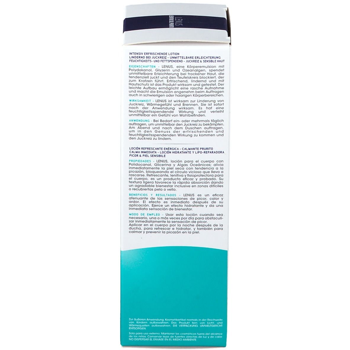 Retro della scatola. Testo multilingue. Scritta LENUS. Marchio Galenia Skin Care. 150 ml.