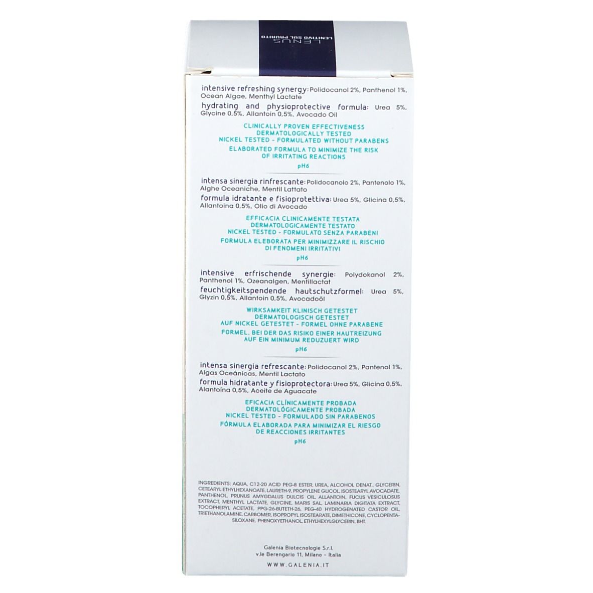 Retro della scatola. Testo multilingue. Scritta LENUS. Marchio Galenia Skin Care. 150 ml.