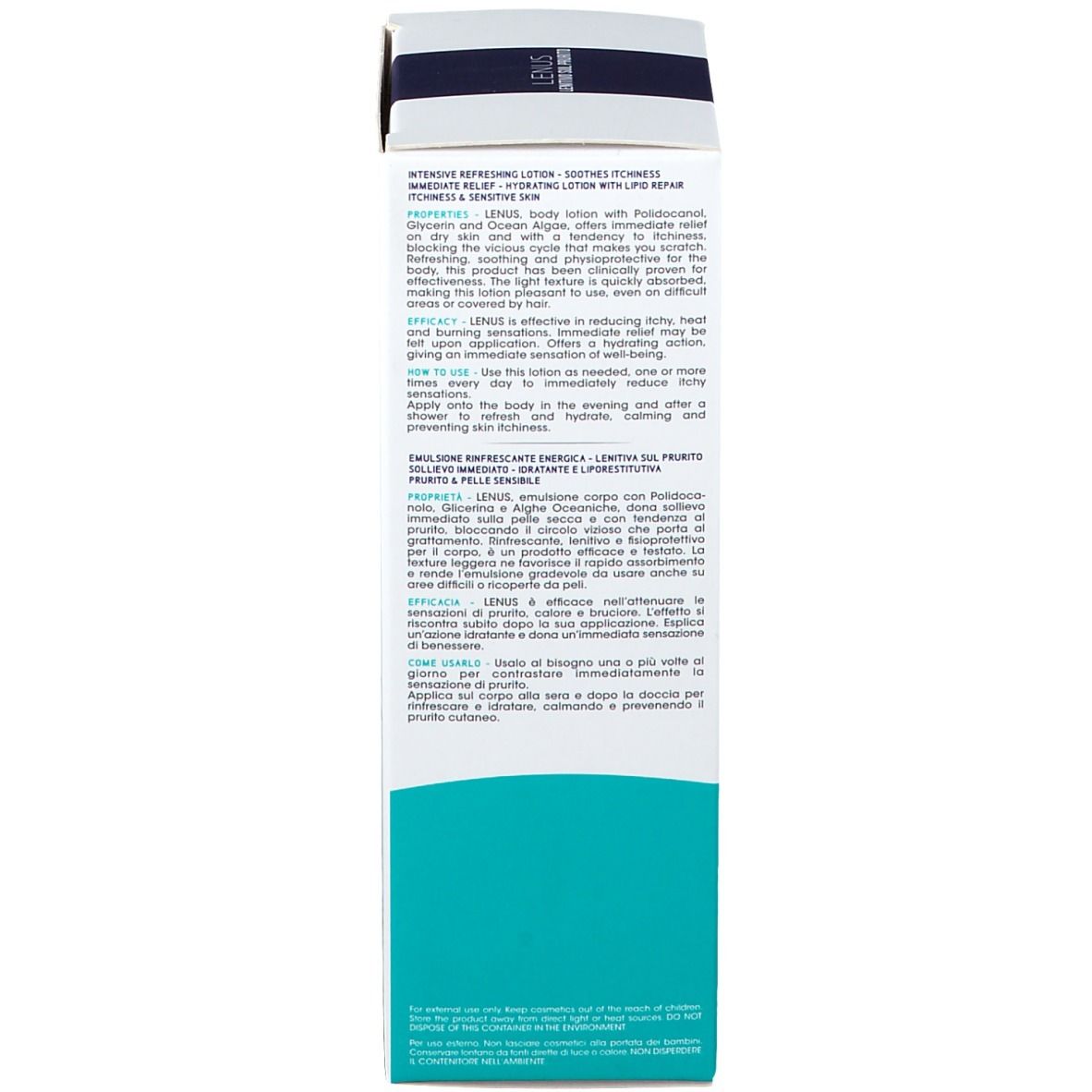Retro della scatola. Testo multilingue. Scritta LENUS. Marchio Galenia Skin Care. 150 ml.