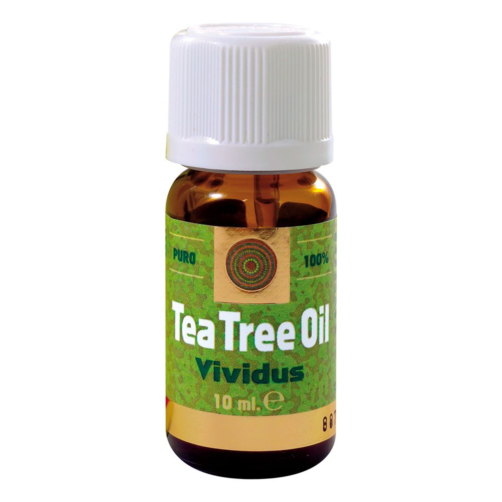 Flacone in vetro marrone con tappo bianco. Etichetta verde e oro: Tea Tree Oil Vividus, 10 ml.