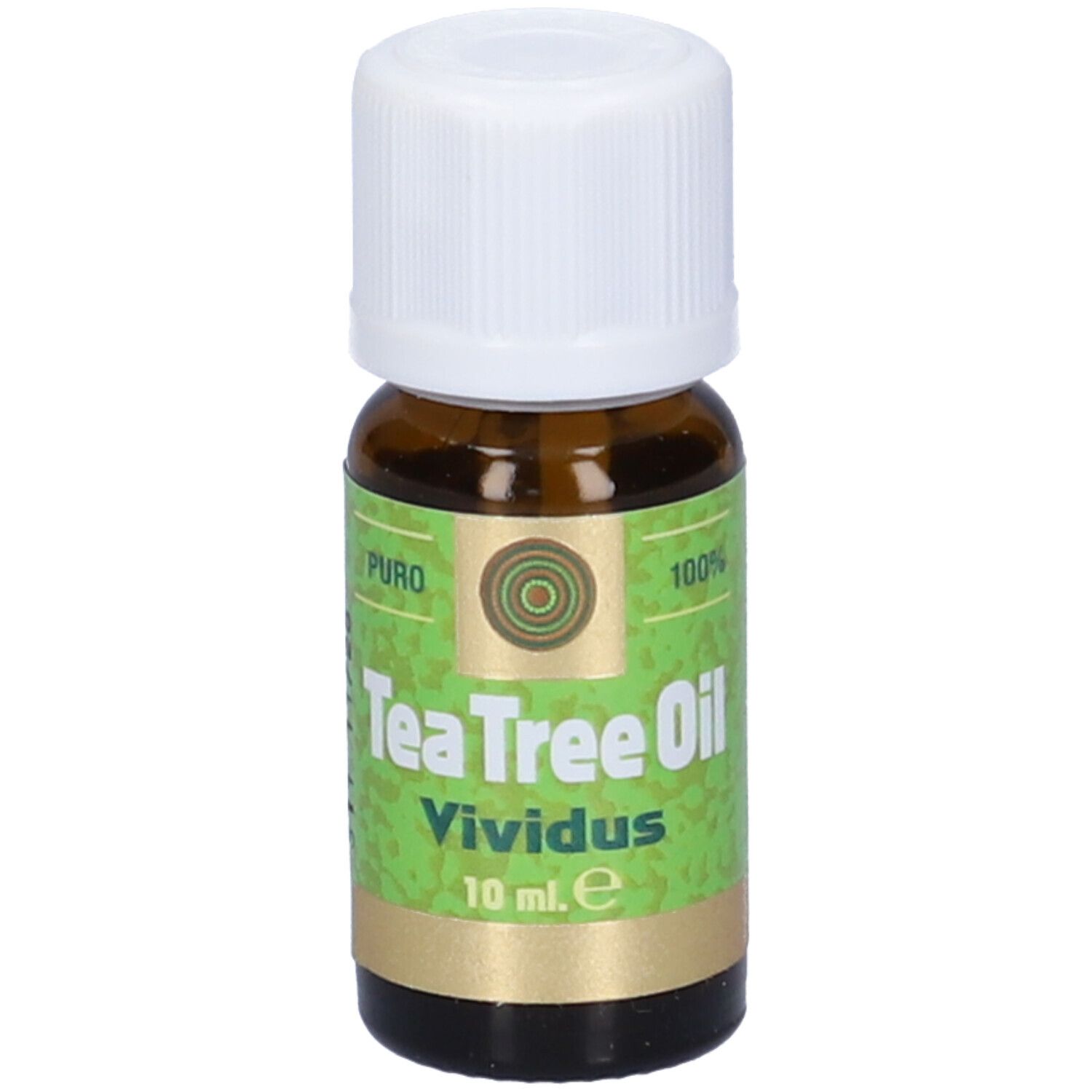 Flacone in vetro marrone con tappo bianco. Etichetta verde e oro: Tea Tree Oil Vividus, 10 ml.