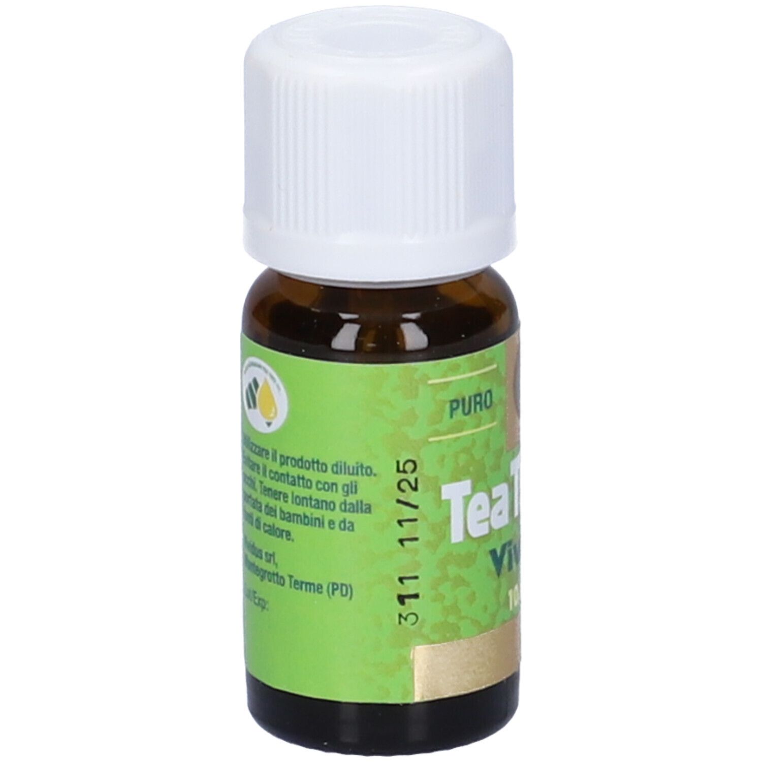 Flacone in vetro marrone con tappo bianco. Etichetta verde e oro: Tea Tree Oil Vividus, 10 ml.