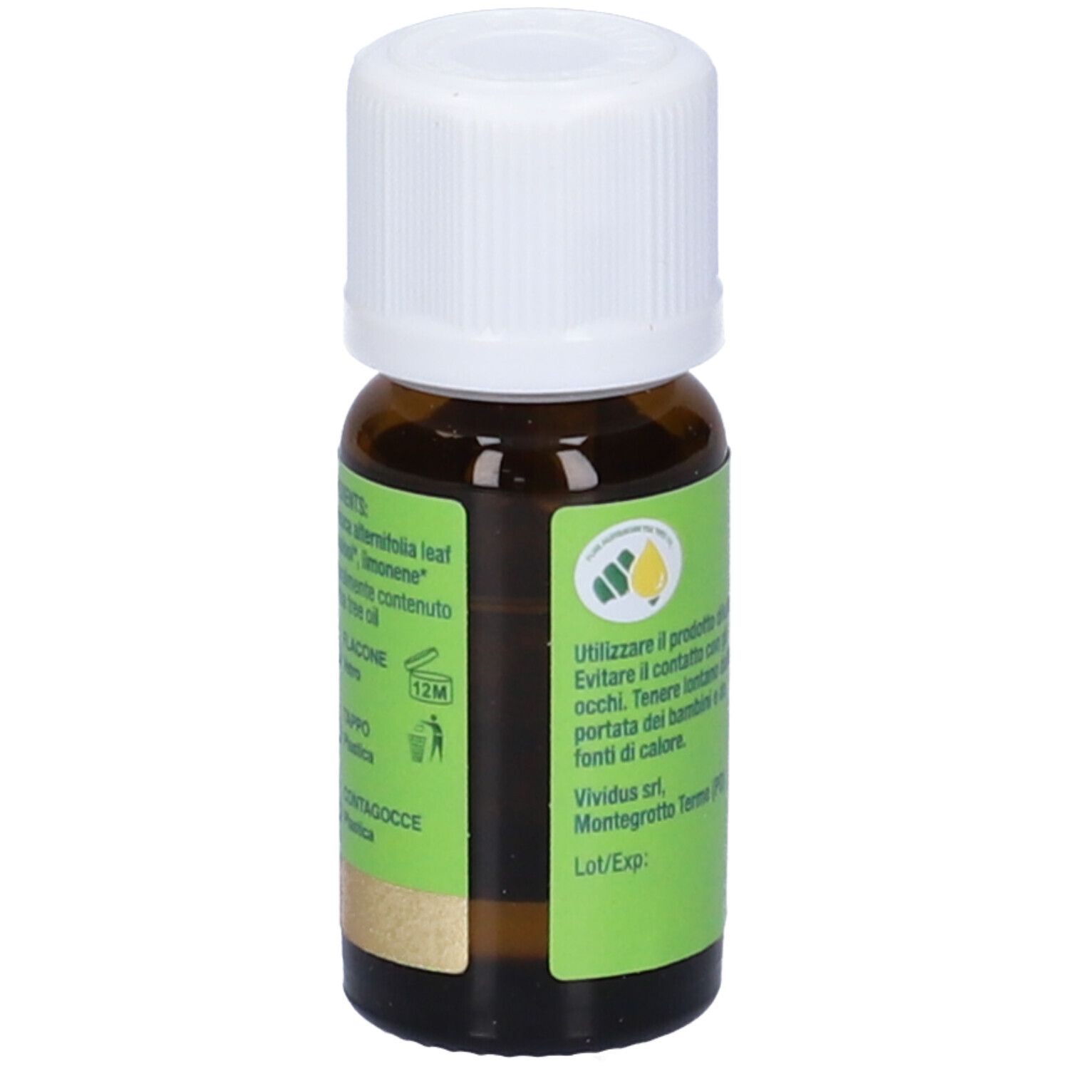 Flacone marrone, tappo bianco. Etichetta verde e oro: Tea Tree Oil Vividus, 10 ml. Testo e simboli.
