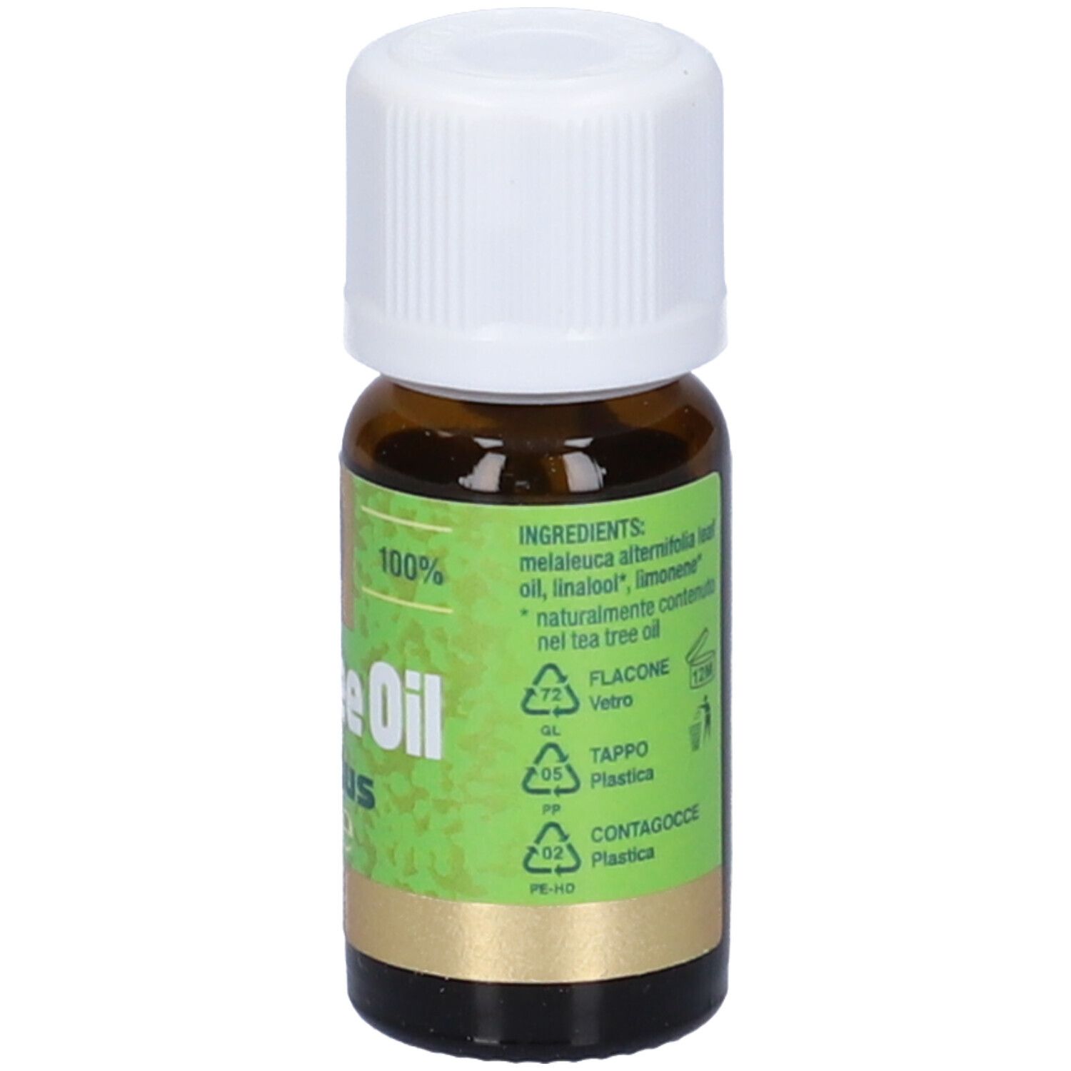 Flacone marrone, tappo bianco. Etichetta verde e oro: Tea Tree Oil Vividus, 10 ml. Testo e simboli.